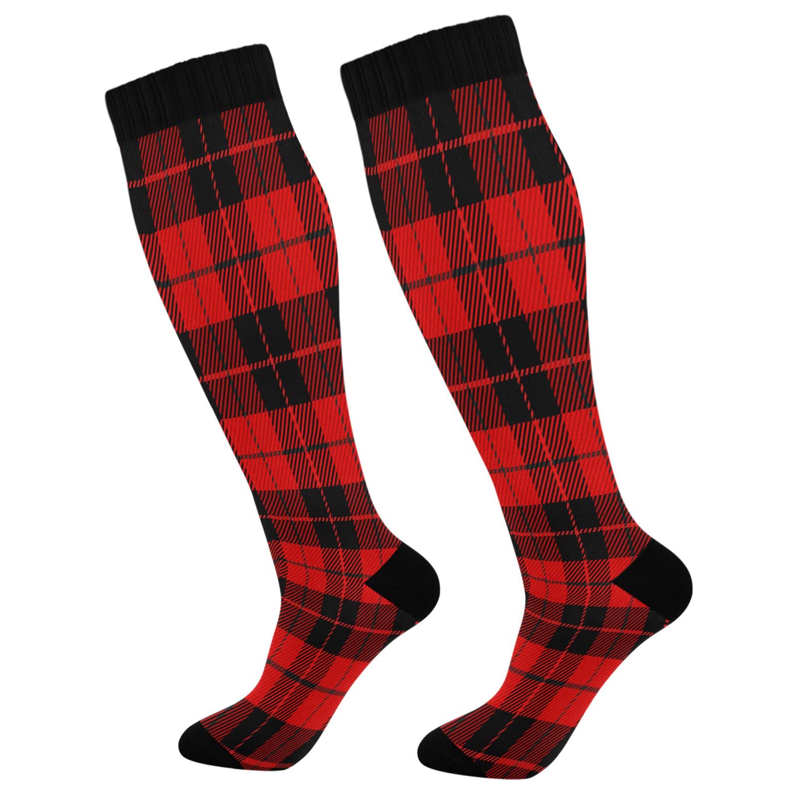 Kigai Red Buffalo Plaid Compression Socks for Women & Men - Knee High Support Stockings for Running, Sports, Travel & Work - 1 Pair - Improve Circulation & Reduce Fatigue