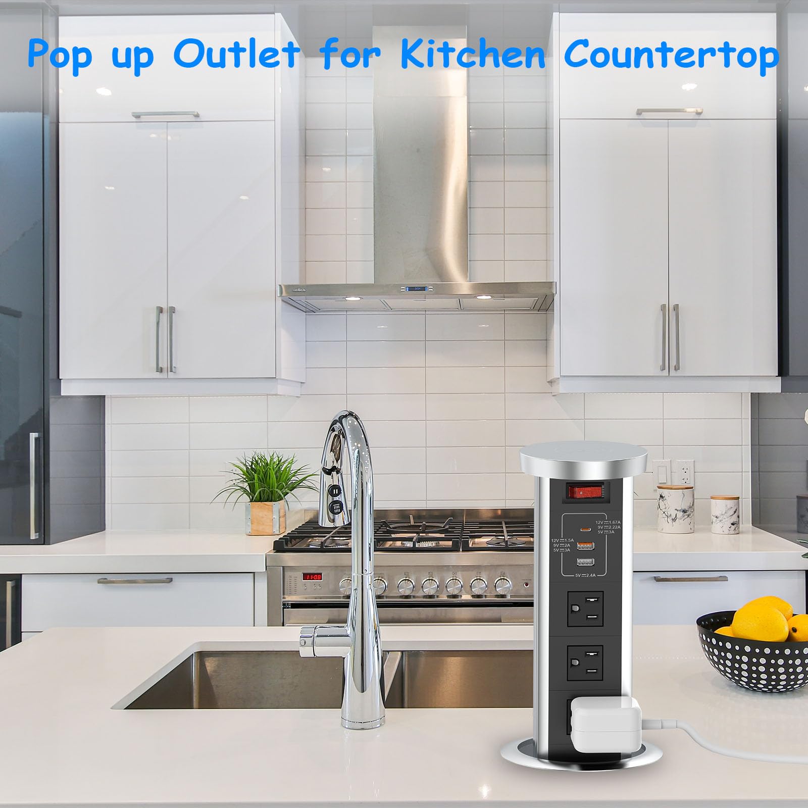 XBA Pop Up Outlet for Countertop - 4 Inch Recessed Power Strip with 15W Wireless Charger, PD 20W USB C, 2 USB A Ports & 3 AC Outlets - Hidden Electrical Outlet with 6FT Extension Cord - Perfect for Kitchen, Office, Conference Room & Home Use (Black)