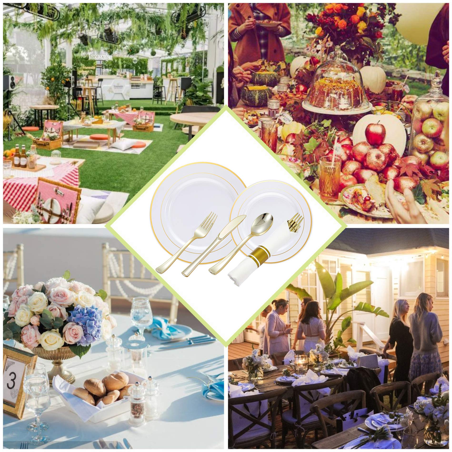 Premium Gold Plastic Plates & Disposable Silverware Set with Rolled Napkins - 72pc Heavy Duty Plastic Dinnerware for 12 Guests (12 Dinner Plates, 12 Dessert Plates, 48 Napkins & Cutlery) - Perfect for Home Parties, Weddings, Baby Showers & Outdoor Events