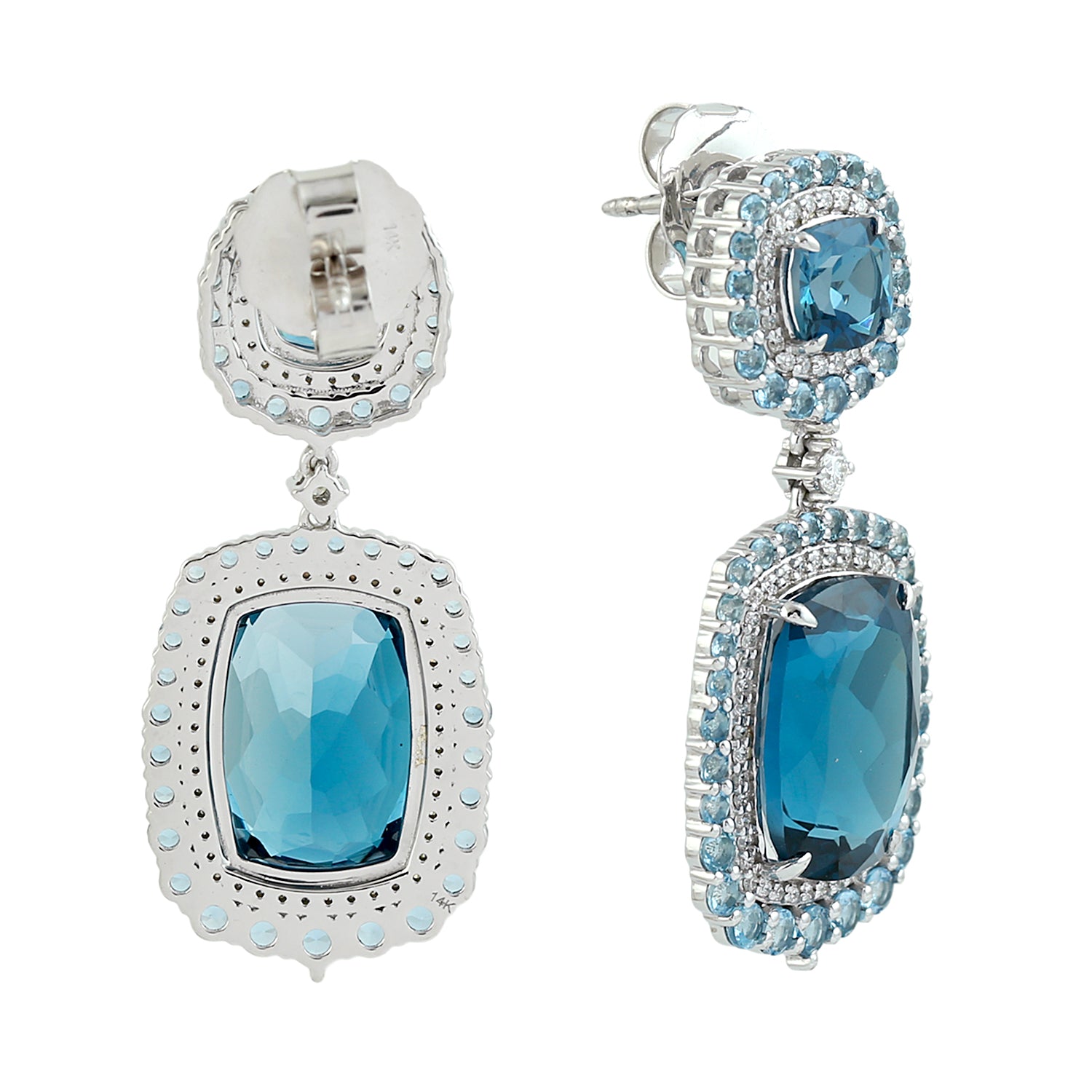 Exquisite London Topaz Prong Set Aquamarine Pave Diamond Dangle Earrings in 14K White Gold | Elegant Jewelry for Weddings, Parties & Special Occasions