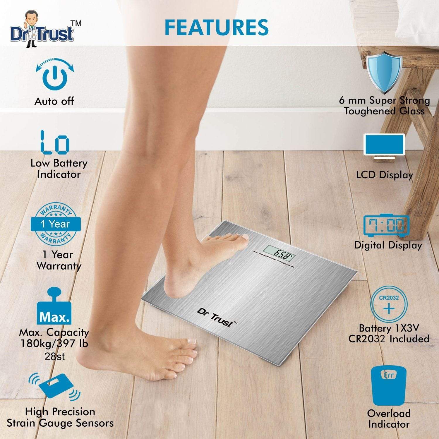 Dr Trust USA Platinum Digital Bathroom Scale - Accurate Weight Measurement for Home, Gym & Health Tracking - Non-Rechargeable Battery Operated