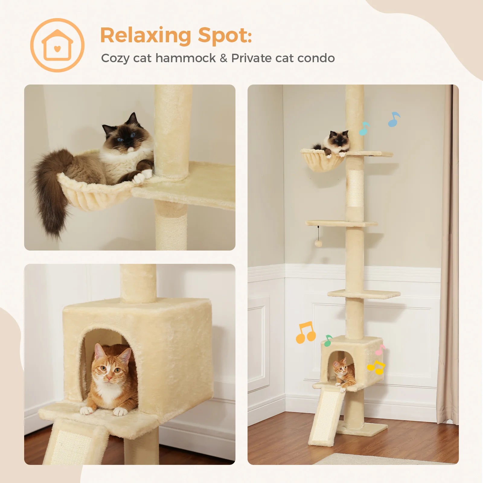 Premium Cat Scratcher & Condo Bed - Ceiling High Cat Tree with Scratching Posts & Cozy Perch, Beige | Perfect for Indoor Cats, Small Spaces & Multi-Cat Homes