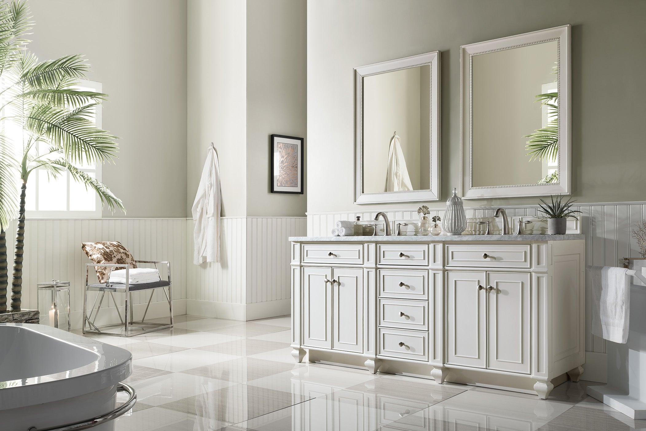 Bristol 72 Inch Double Bathroom Vanity with 3CM Carrara Marble Top in Bright White - Perfect for Master Bathroom or Guest Bathroom Renovation