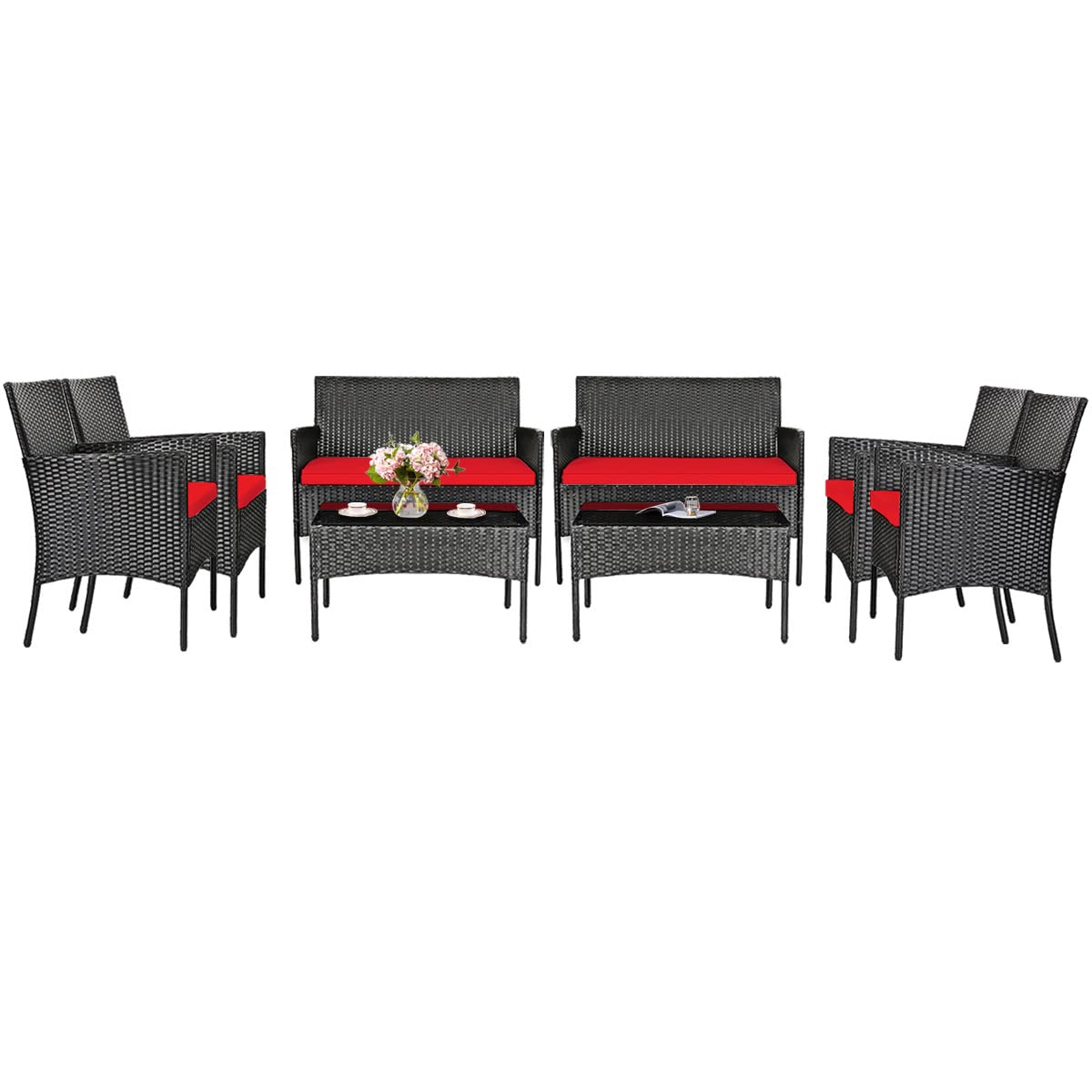 8-Piece Outdoor Patio Furniture Set - Rattan Wicker Conversation Sofa with Tempered Glass Table & Removable Cushions - Perfect for Poolside, Garden, Backyard, and Patio Relaxation