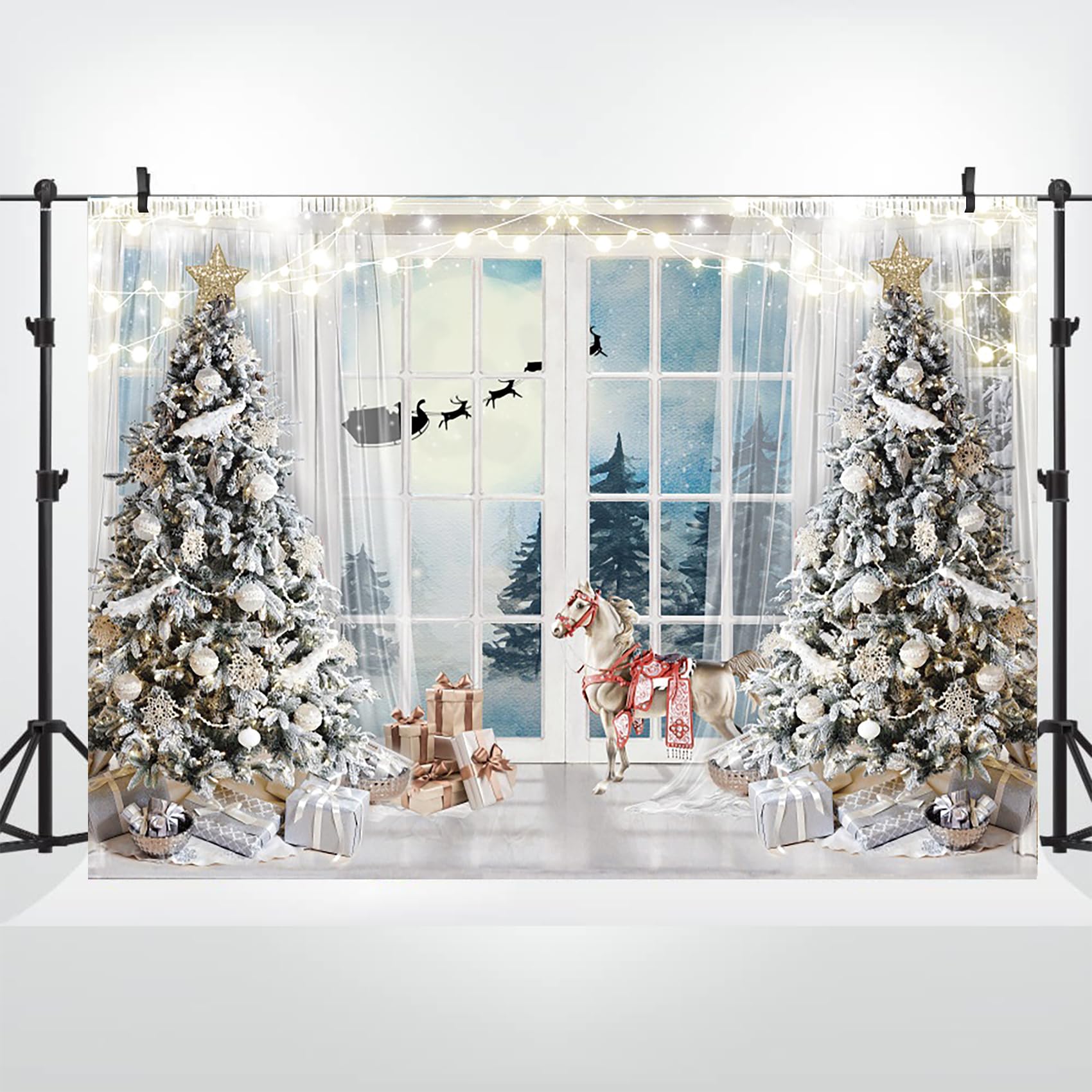 Baocicco 20x12ft Christmas Photography Backdrop - Winter Wonderland Scene with Xmas Tree, Santa Claus, Reindeer & Sleigh for Holiday Party Decor, Family Photos, New Year Celebrations & Merry Christmas Backgrounds