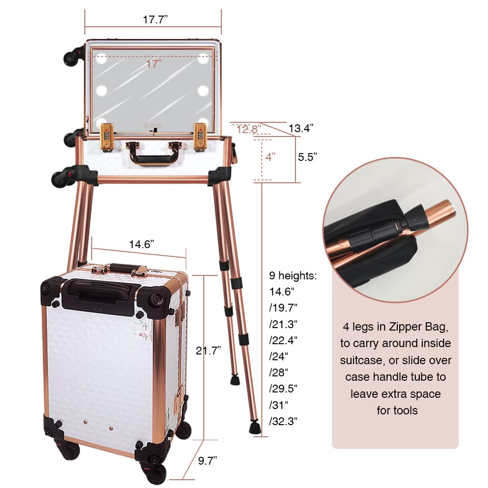 Professional Medium Makeup Train Case with Code Lock - Lighted Mirror & Bluetooth Speaker - Travel Cosmetic Organizer Box for Artists & Stylists - Perfect for Salon, Studio & On-the-Go Makeup Application - White