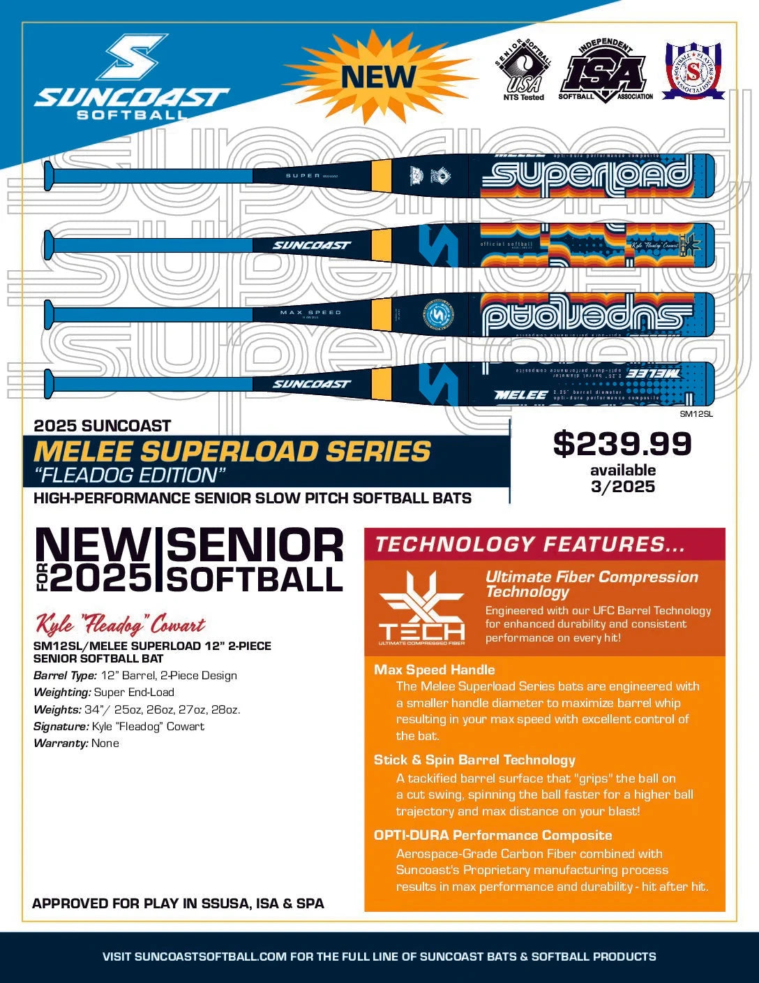Suncoast Melee Superload Fleadog Senior Slowpitch Bat SMSL12 - 2025 Model | USSSA Approved for Competitive Play | Perfect for Tournaments & League Games
