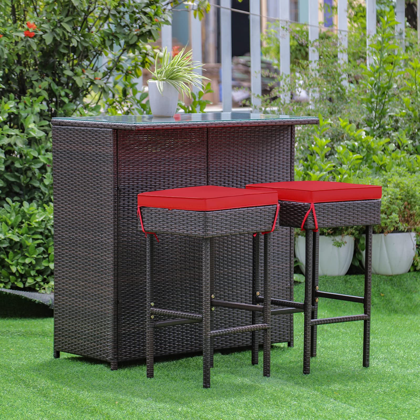 RELAX4FLIE 3-Piece Outdoor Bar Set - Patio Wicker Bar Height Table with 2 Cushioned Stools, 2 Open Shelves & Tempered Glass Table Top - Rattan Bar Table Set for Poolside, Garden, Backyard & Outdoor Entertaining (Red)