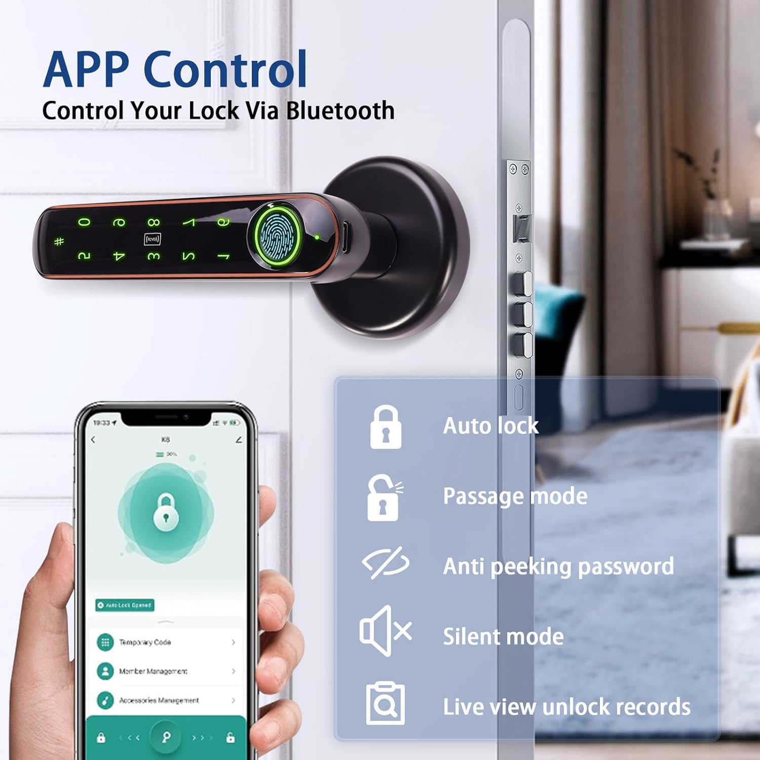 5-in-1 Smart Door Lock - Biometric Fingerprint, APP Control, IC Card & Keypad Entry - Secure Electronic Deadbolt for Home, Office & Hotel Use - Perfect for Smart Home & Vacation Rental Security