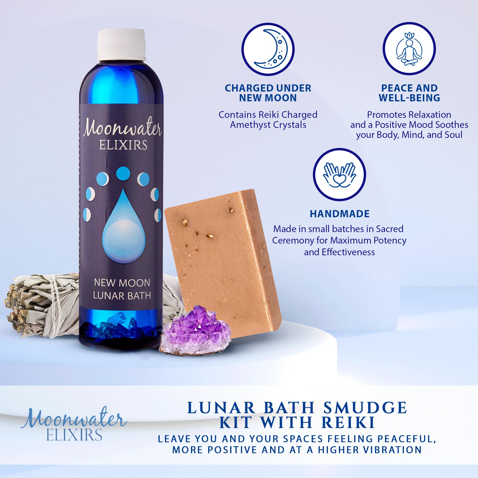 Aura Cleansing Lunar Bath Oil & Smudge Kit with Reiki - New Moon Elixir for Energy Clearing | Spiritual Protection from Negative Energy | Positive Energy Ritual Set | Sacred Space Cleanse by Moonwater Elixirs | Perfect for Meditation, Yoga & Home Blessing Ceremonies