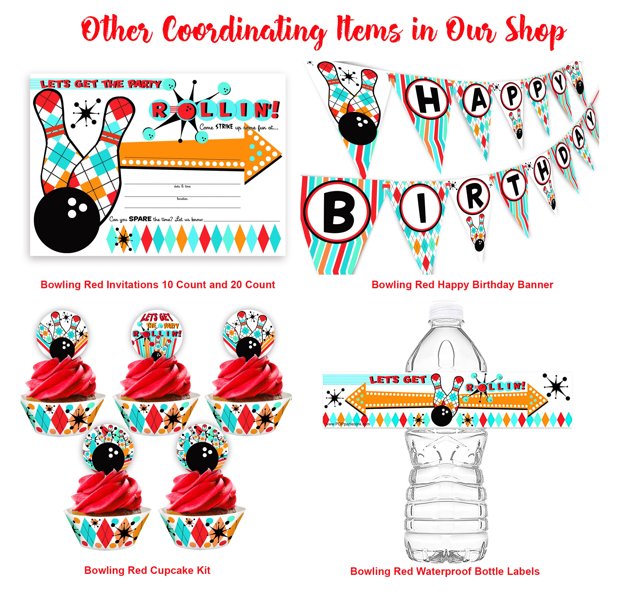 Bowling Cupcake Toppers & Wrappers Set - 24pcs Cupcake Decorations for Bowling Party Supplies - Glow in The Dark Red Theme - Perfect for Bowling Birthday, Themed Events & Sports Celebrations