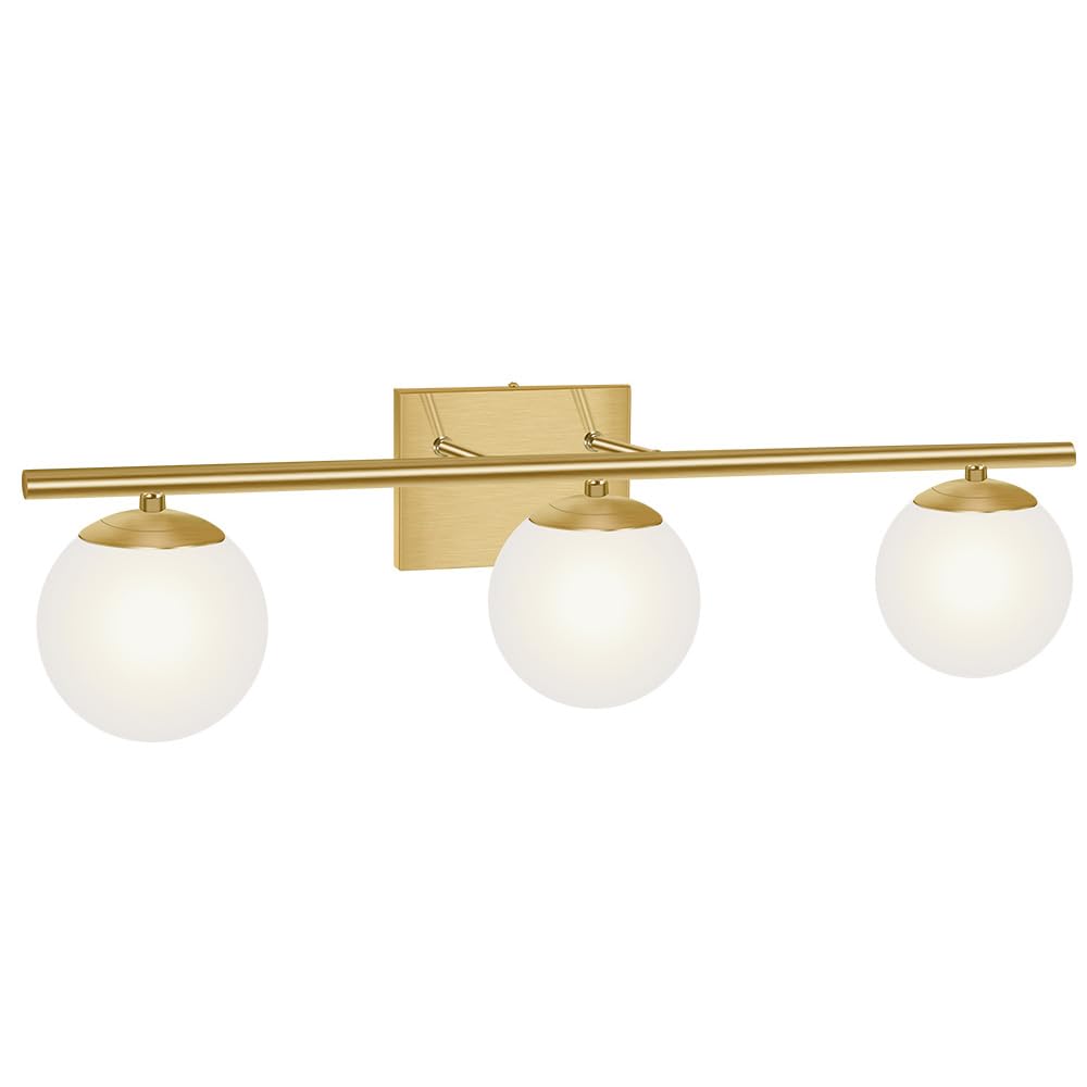 Modern Brushed Brass Bathroom Vanity Light - 3-Light Wall Sconce with Milk White Globe Glass Shades for Mirror Lighting | Perfect for Bathroom, Powder Room & Dressing Room Makeup Area (G9 Bulb Not Included)