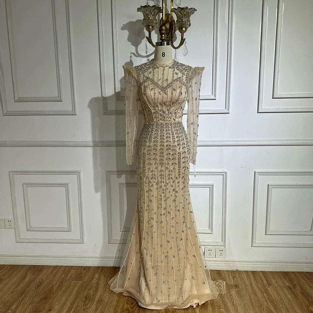 Elegant Dubai Pink Mermaid Evening Gown with Pearl Beading - Arabic Formal Dress for Women - Perfect for Weddings, Galas & Special Occasions - LA72826