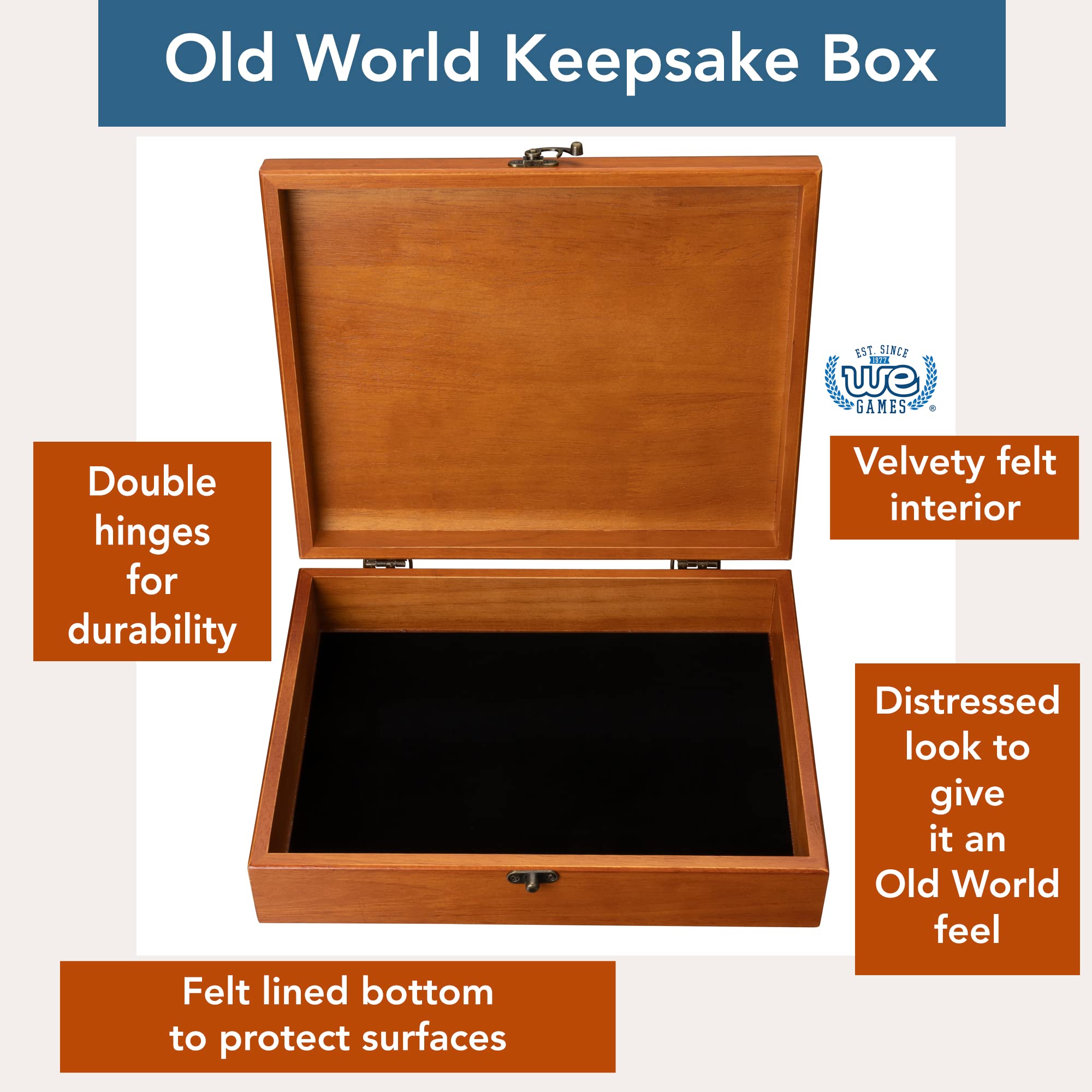 Old World Wooden Treasure Box with Brass Latch - Light Cherry Finish for Jewelry Storage