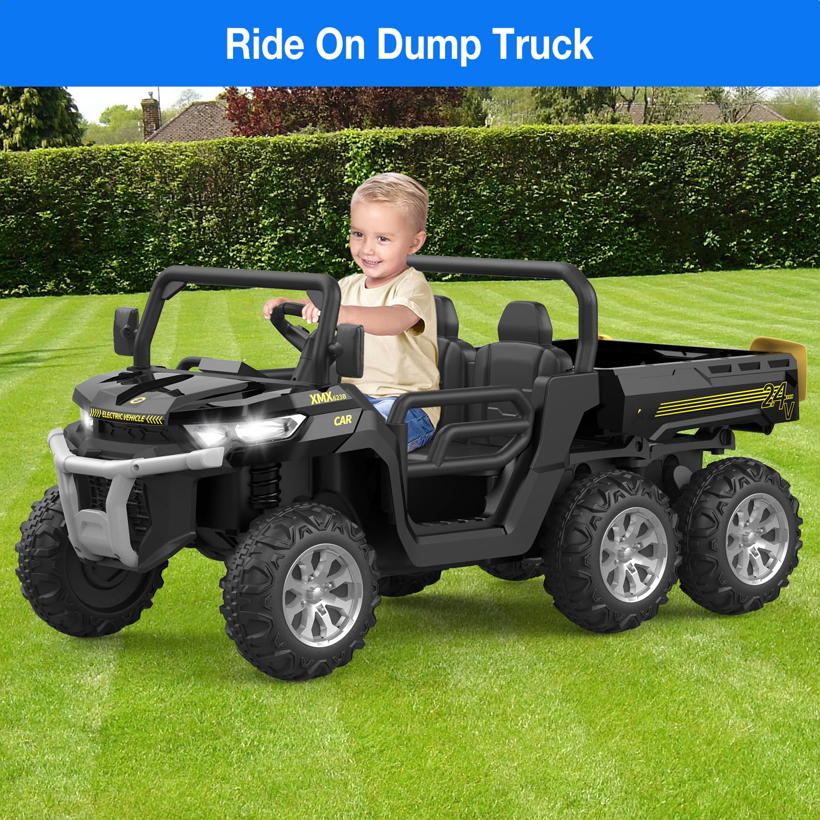 GARVEE 24V 2 Seater Kids Ride On Dump Truck - 6X6 Electric UTV with Remote Control, Battery Powered 6 Wheeler Toy Car for Boys & Girls Ages 3+ (Black) | Perfect for Outdoor Play, Backyard Adventures & Birthday Gifts