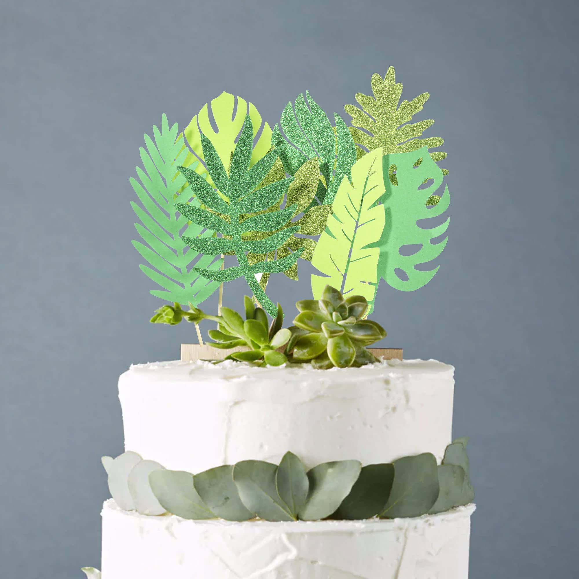 16Pcs Glitter Tropical Leaves Cake Toppers - Palm Leaf & Greenery Wedding Cake Decorations for Jungle Theme Birthday Party, Safari Baby Shower, Tropical Party Decor - Perfect for DIY Cakes, Cupcakes, and Dessert Table Centerpieces