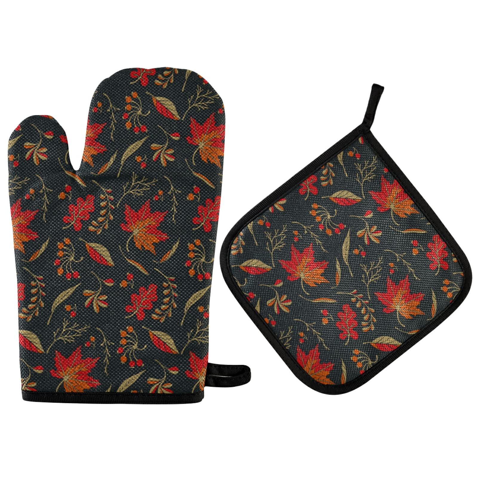 Autumn Leaves Oven Mitts & Pot Holders Set - Heat Resistant Non-Slip Kitchen Gloves for Baking, Grilling & Cooking - Colorful Fall Leaf Design Hot Pads - Perfect for Thanksgiving, Holiday Meals & Everyday Kitchen Use
