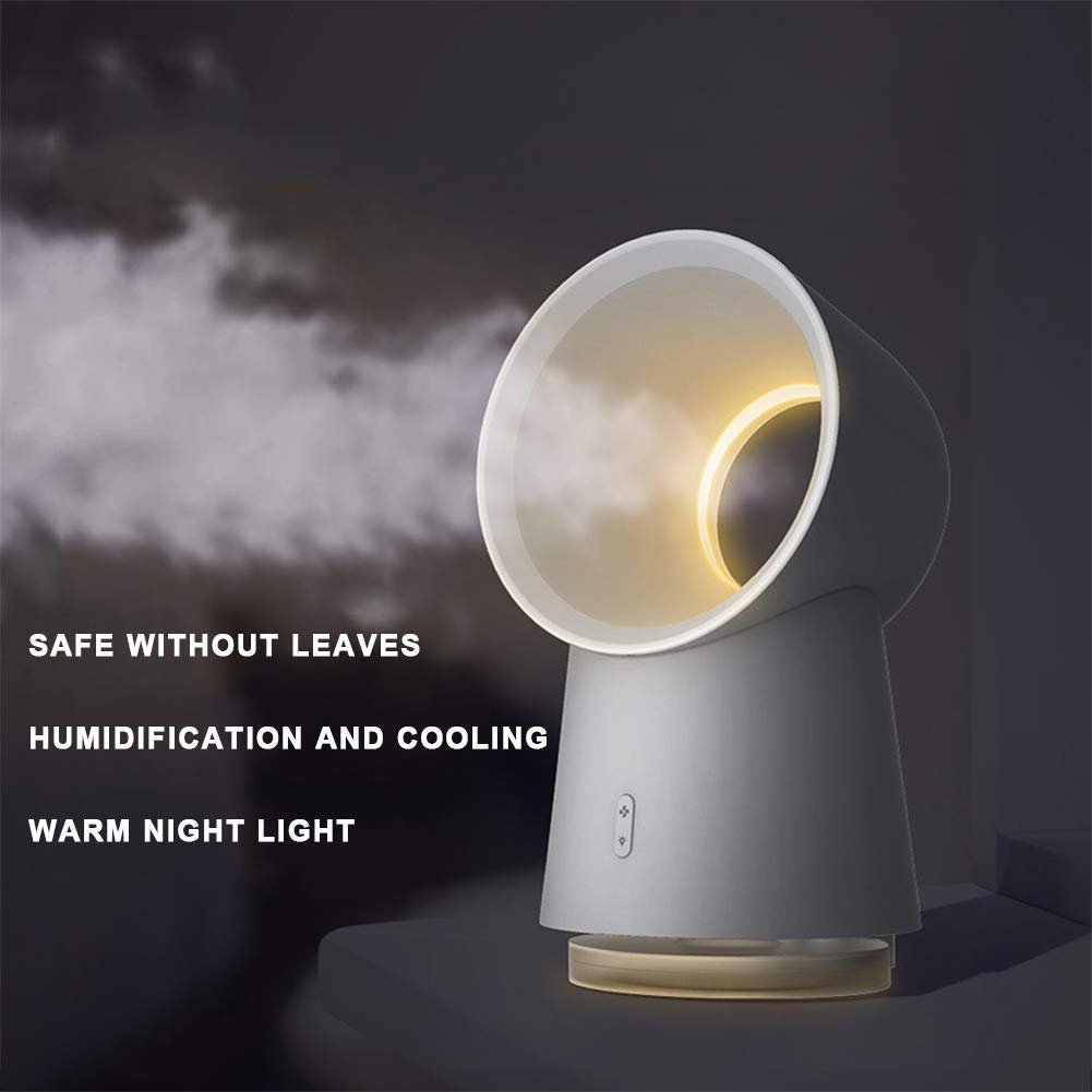 3-in-1 USB Portable Bladeless Desk Fan with LED Light & Humidifier - Quiet Cooling Fan for Home, Office, Baby Room | Gentle Breeze Desktop Air Circulator | Perfect for Workstations, Nightstands and Nursery Spaces (White)