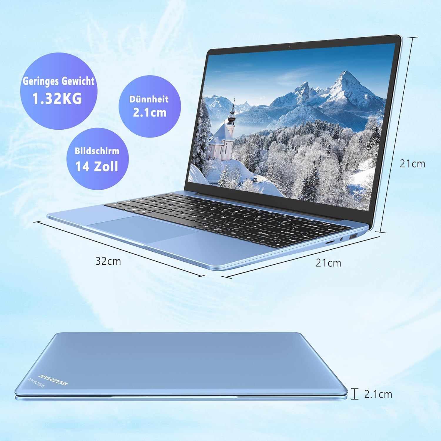 WOZIFAN 14 Inch Laptop with Windows 11, Metal Body, 256GB SSD (Expandable to 1TB), Lightweight Notebook with Dual WiFi 2.4G+5G, FHD Display, Bluetooth, USB, HDMI - Includes Wireless Mouse & German Silicone Keyboard Cover (Blue) - Perfect for Work, Study, and Travel