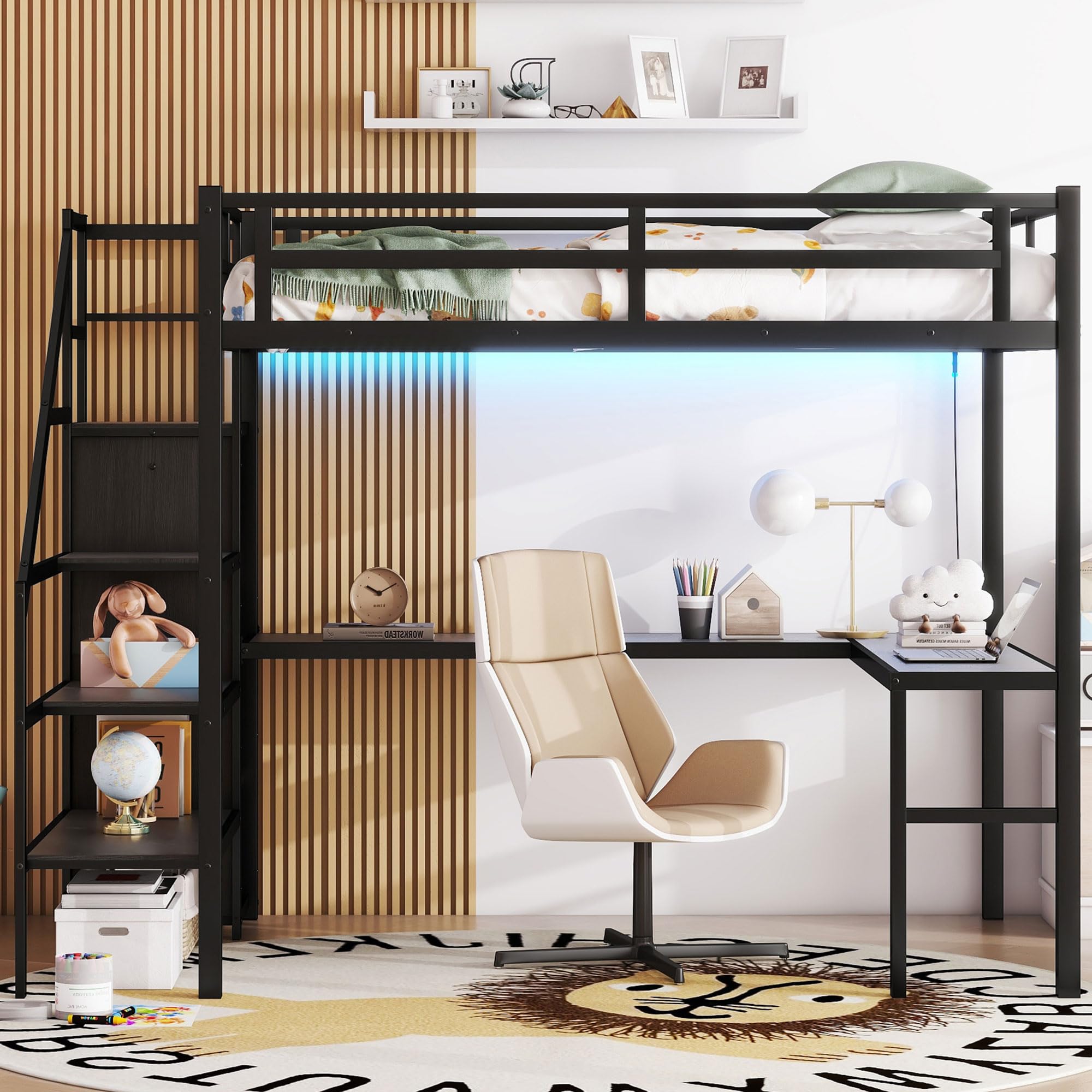 Full Size Loft Bed with Desk, Storage Shelf & Stairs - Space-Saving Metal Loft Bed with Wardrobe, Charging Station & RGB LED Lights for Adults, Teens & Kids | Perfect for Small Bedrooms, Dorms & Studio Apartments (Black)