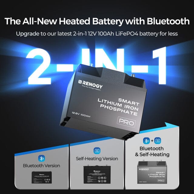 Renogy 12V 100Ah Pro Smart Lithium Iron Phosphate Battery with Bluetooth & Self-Heating Function - Perfect for RV, Marine, Solar Power & Off-Grid Energy Storage