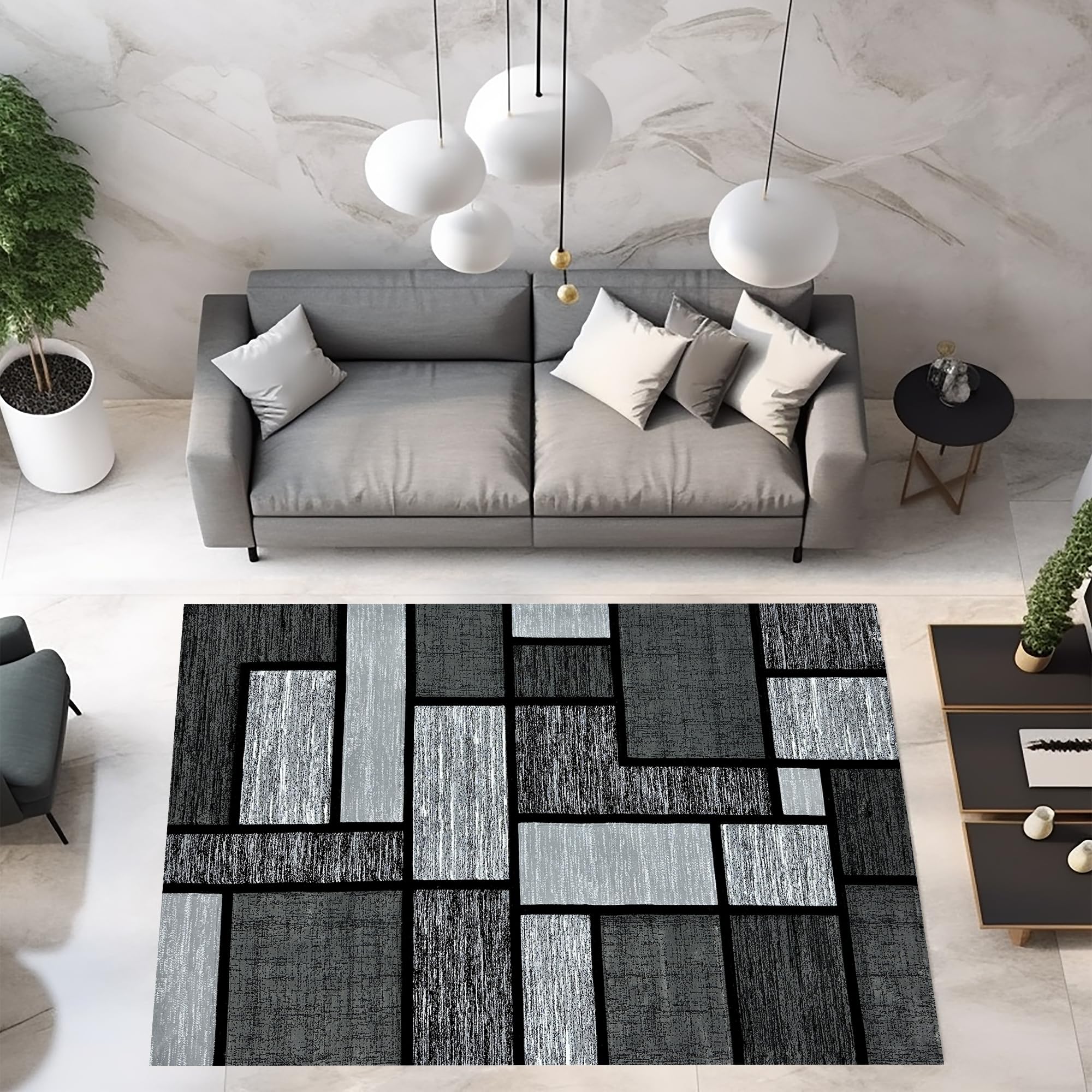 6ft Round Abstract Modern Contemporary Area Rug - Premium Thick Colorful Carpet for Living Room, Bedroom, Office - 3995 Grey Black Design - Soft & Durable Floor Decor