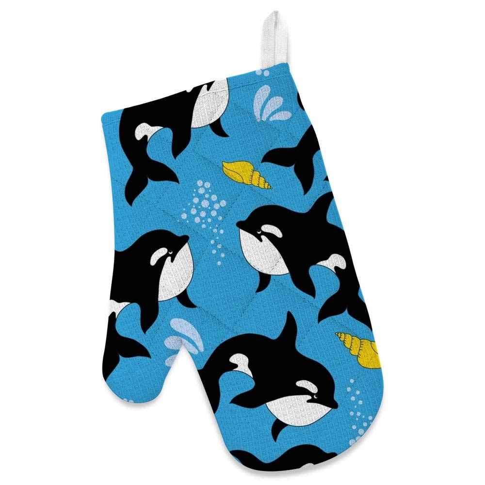 Cute Ocean Sea Dolphin Apron with Glove Oven Mitt Pot Holder Set - Kitchen Cooking Baking BBQ Accessories for Women & Men