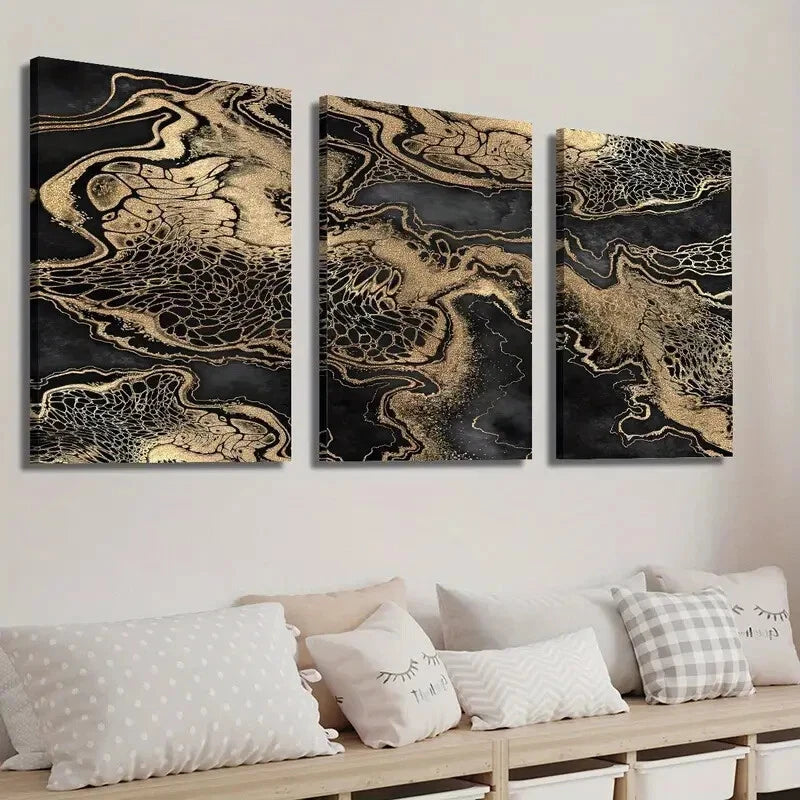 3-Piece Abstract Black and Gold Fluid Art Wall Decor Set - Framed Canvas 40x60cm | High-Quality Print | 100% Australian Made | Ready to Hang | Perfect for Living Room, Bedroom & Office Decor
