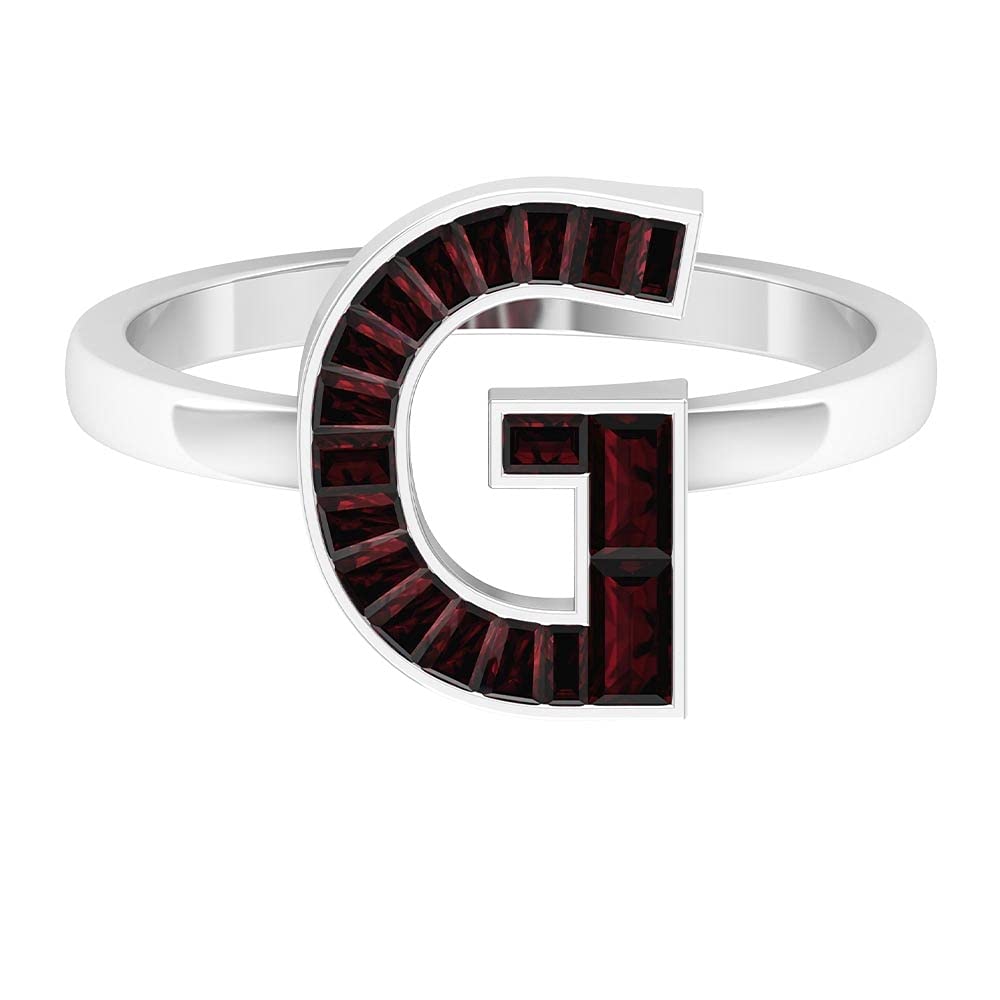 Garnet Initial Rings A-Z | 14K White Gold Alphabet Letter Rings | Baguette & Channel Set Gemstone Jewelry | Perfect for Gifts, Engagements & Personalized Fashion
