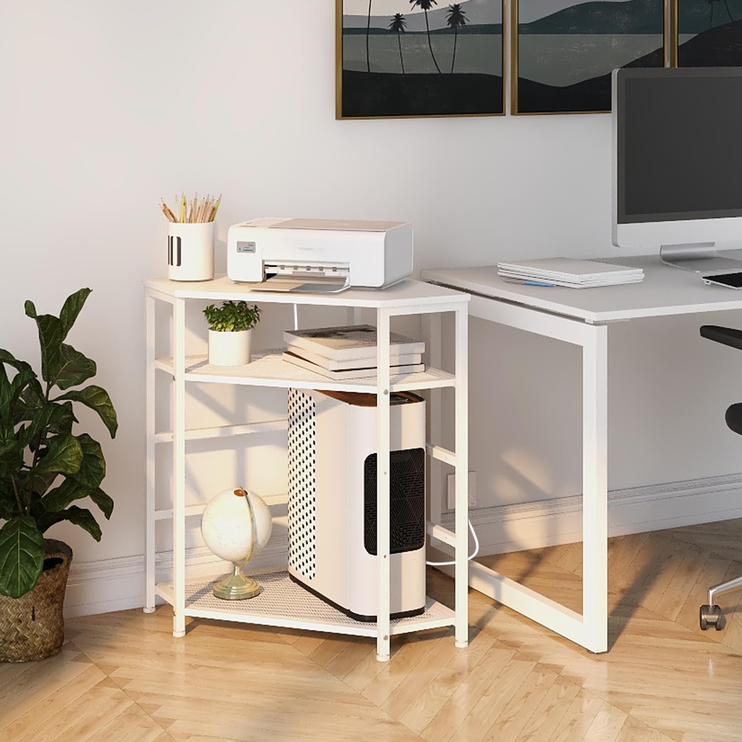 VEDECASA Corner Printer Stand with Power Outlet & USB Ports - Adjustable Storage Shelf & CPU Tower Holder - White Home Office Desk Organizer for Printer, Computer & Charging Devices