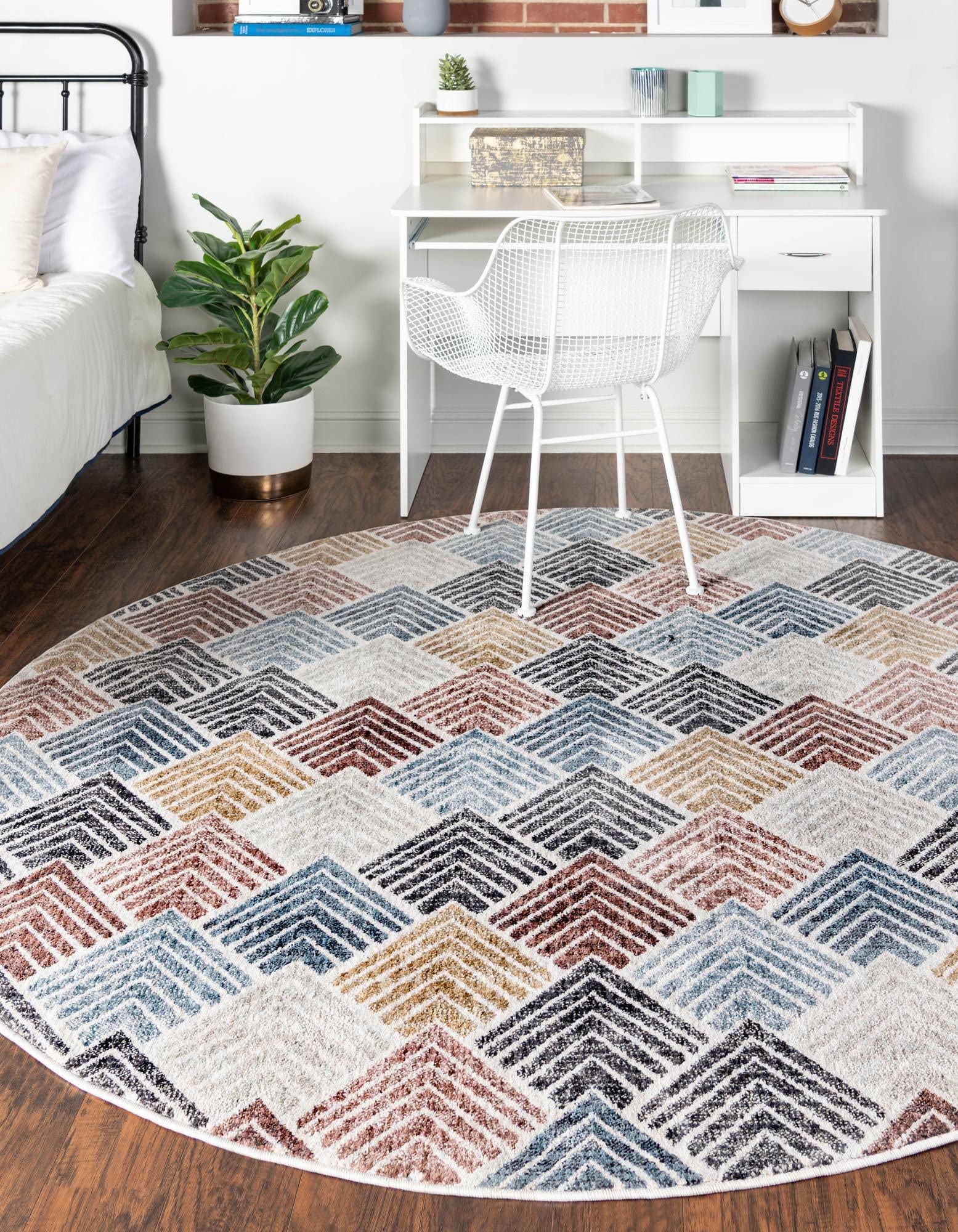 Unique Loom Eco Trellis Collection Round Area Rug 7x7 Feet - Sustainable Blue Multi-Patterned Handmade Rug for Living Room, Bedroom & Home Decor