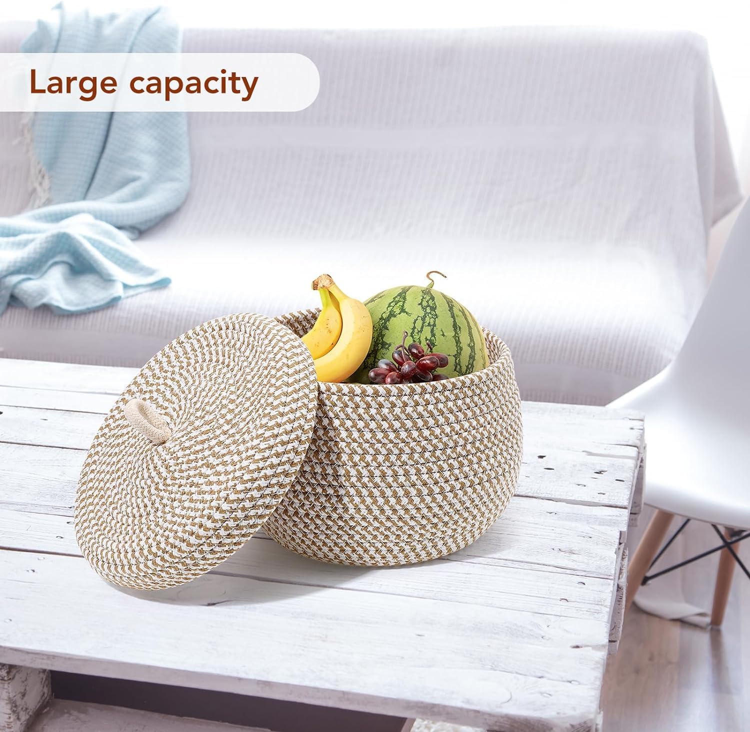 Round Cotton Rope Storage Baskets with Lids - Woven Pumpkin Blanket Basket Organizer for Snacks, Eggs, Toys & Home Decor | Perfect for Nursery, Kitchen & Living Room Storage
