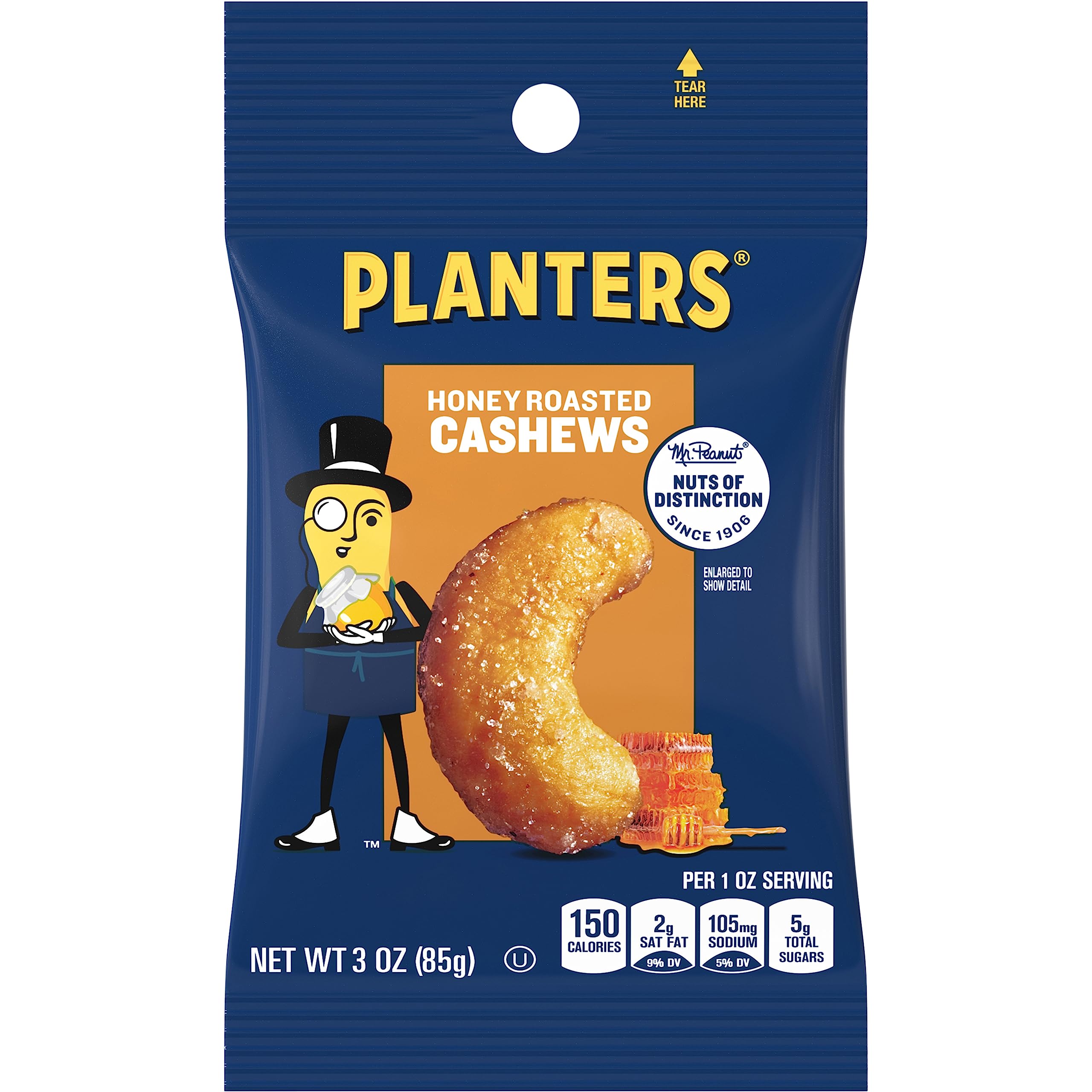 PLANTERS Deluxe Honey Roasted Whole Cashews – Sweet & Salty Healthy Snack, Vegan Protein Source, 3oz Bags (12-Pack) | Perfect for Office Snacks, Travel & Party Treats