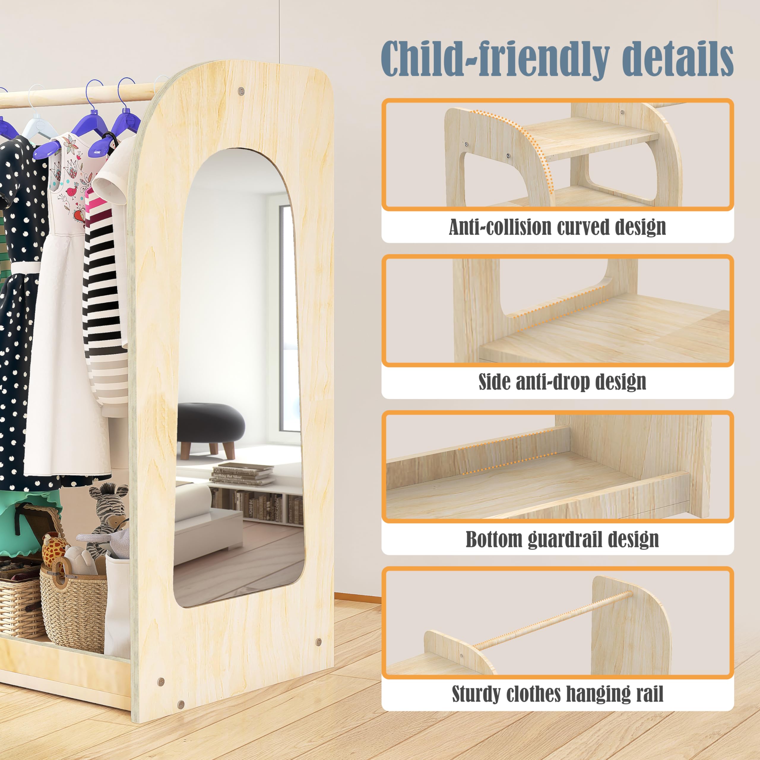 Wooden Kids Dress Up Storage Rack with Mirror & Shelf - Wardrobe Closet for Girls & Boys - Perfect for Bedroom, Playroom & Birthday Gift