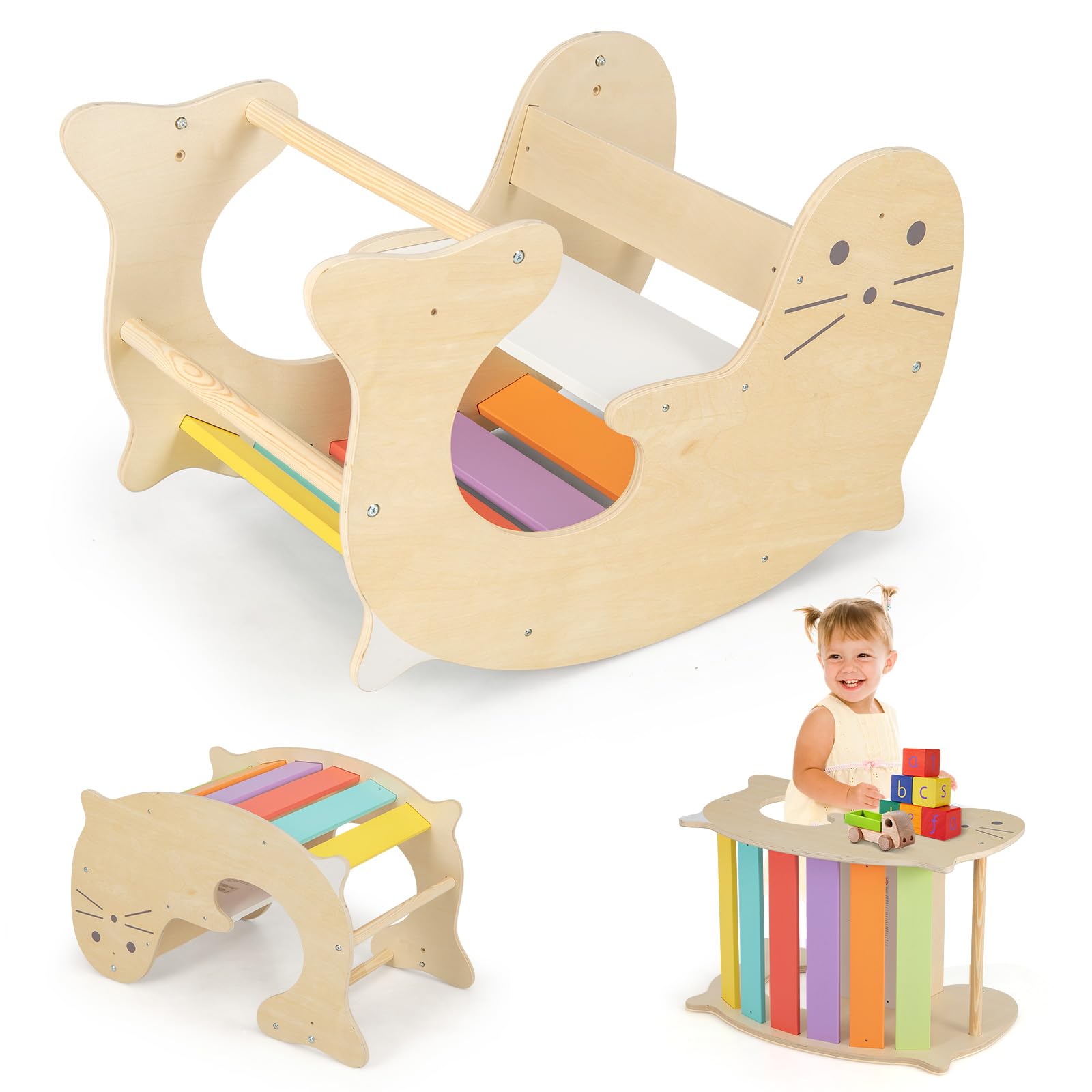 OLAKIDS 3-in-1 Montessori Wooden Climbing Toy Set - Pikler Triangle Arch, Rocker & Ladder for Toddlers | Indoor Play Gym for Boys & Girls | Perfect for Home Playrooms, Daycares & Preschools
