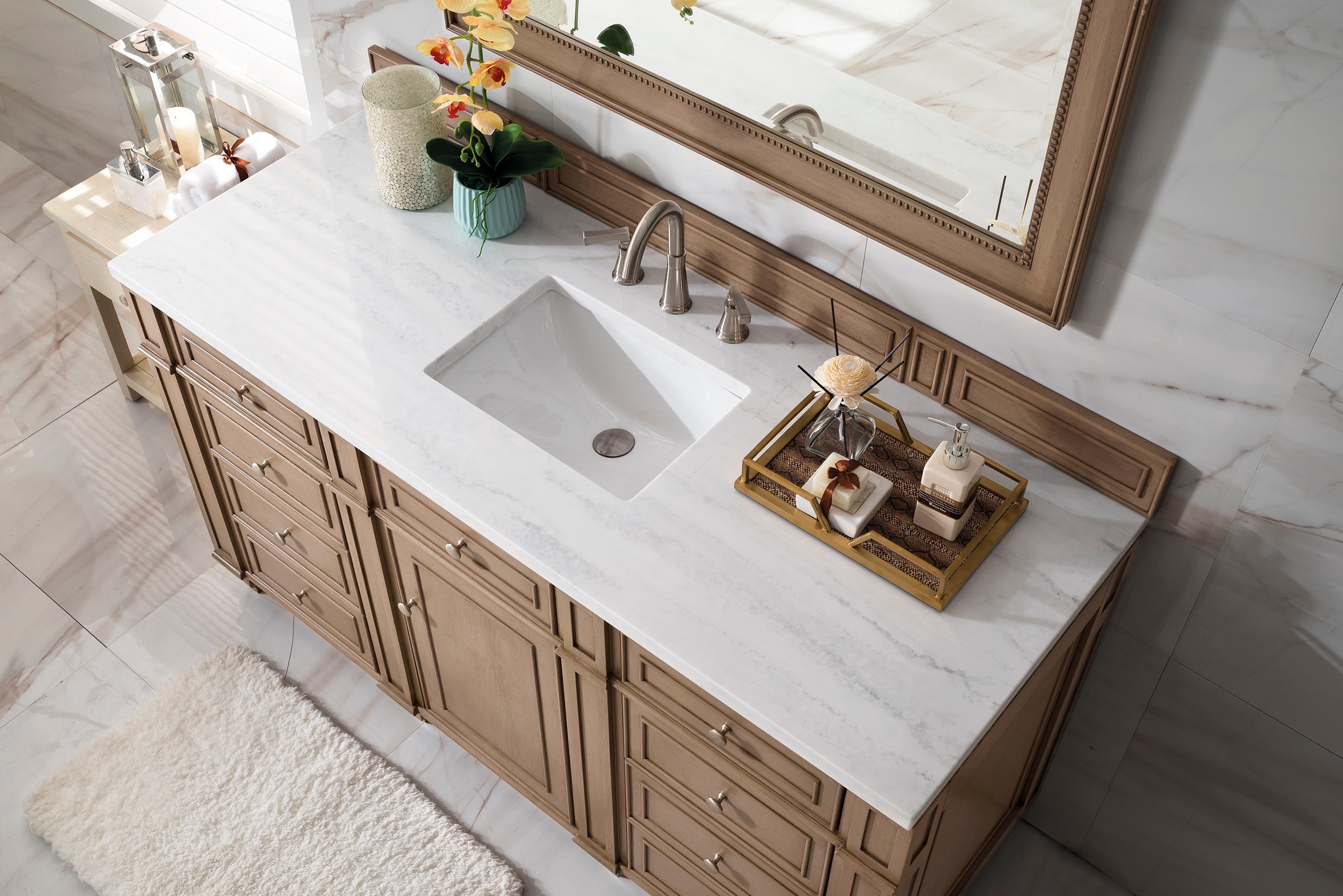 Bristol 60 Inch Single Bathroom Vanity Set with Whitewashed Walnut Finish & 3CM Arctic Fall Solid Surface Top - Perfect for Modern Farmhouse, Coastal, or Transitional Style Bathrooms