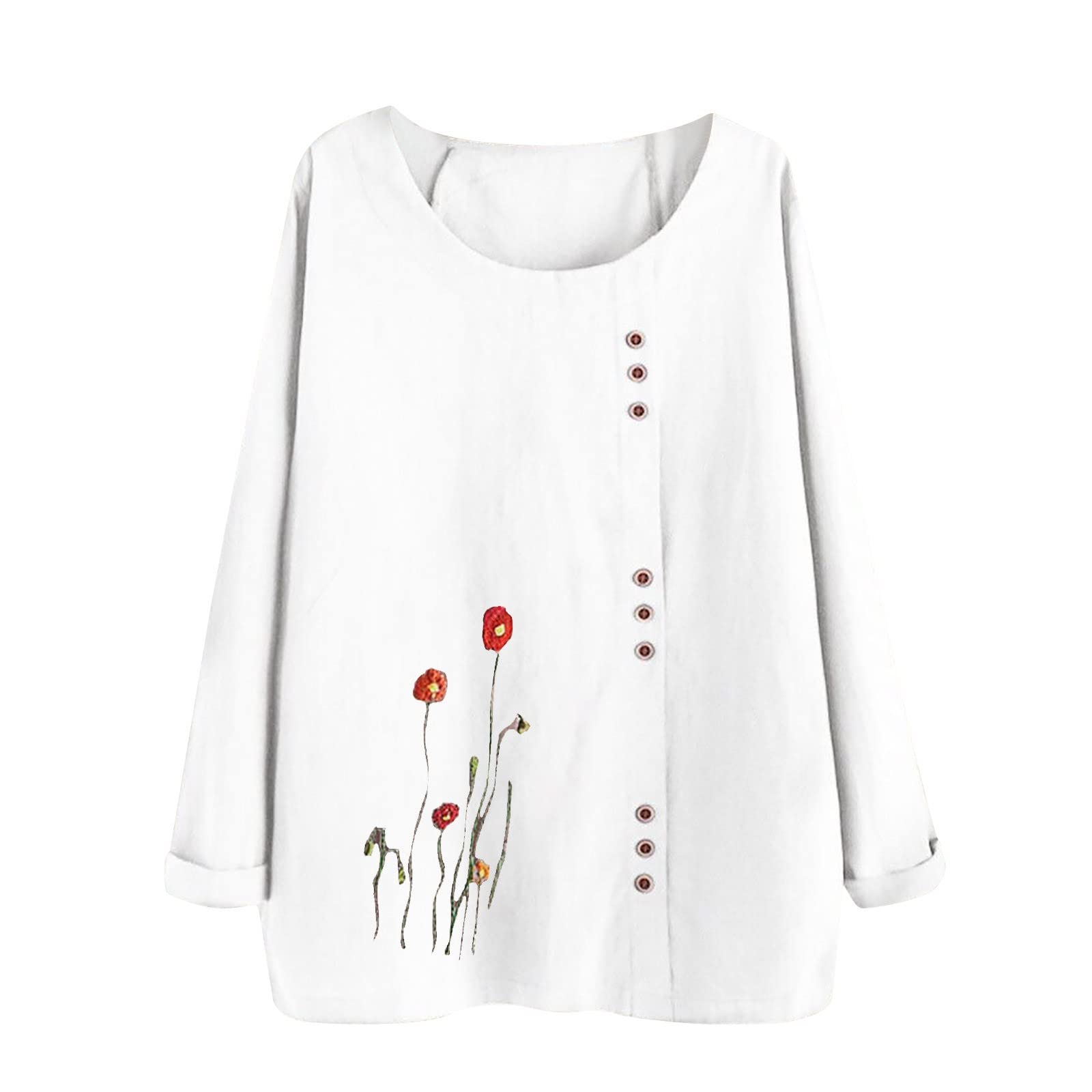 Women's Fall Tops - Cotton Linen Long Sleeve Blouses with Vintage Floral Print, Loose Fit Graphic Tees for Comfort | Perfect for Autumn Outfits, Casual Wear & Office Attire