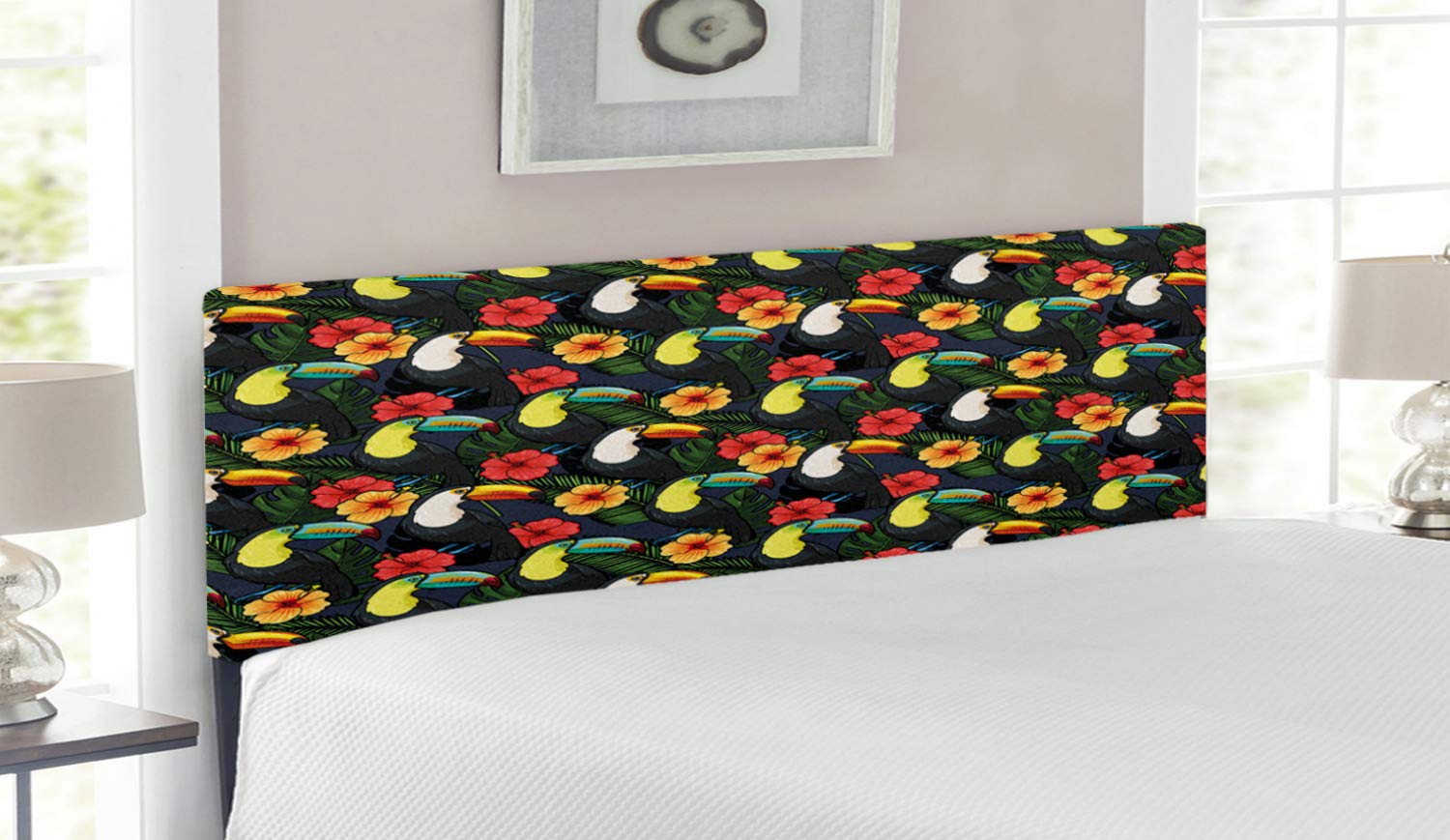 Ambesonne Watercolor Headboard - Tropical Toucan Birds & Hibiscus Flowers Design, Upholstered Metal Bed Frame with Memory Foam, Queen Size Multicolor | Perfect for Beach House, Tropical Bedroom & Boho Decor