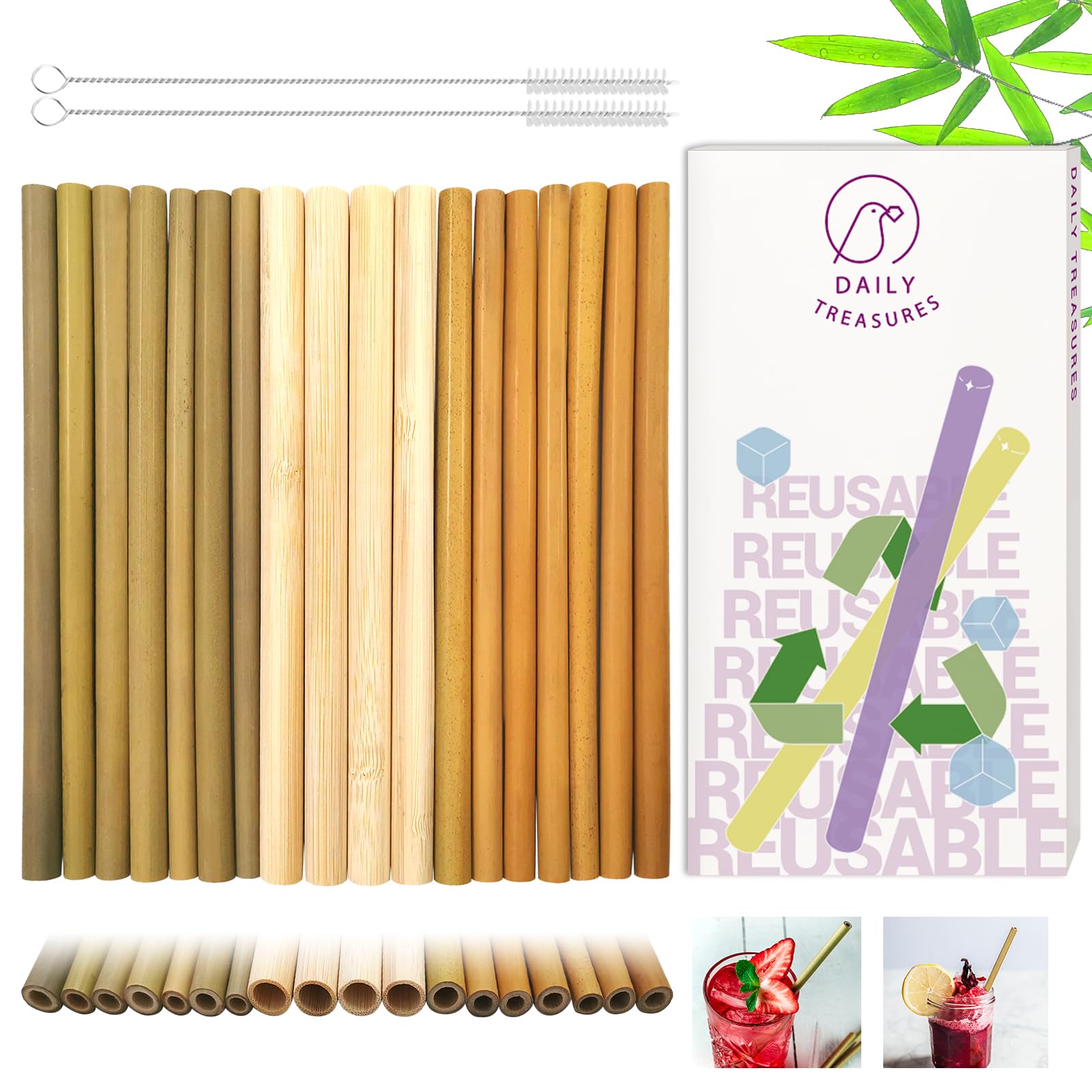 18Pcs Bamboo Drinking Straws 7.9 Inch - Natural Reusable Biodegradable Wooden Straws for Boba, Smoothie & Cocktails | Eco-Friendly Alternative to Plastic Straws with 2 Cleaning Brushes | Perfect for Home, Cafe & Zero-Waste Lifestyle