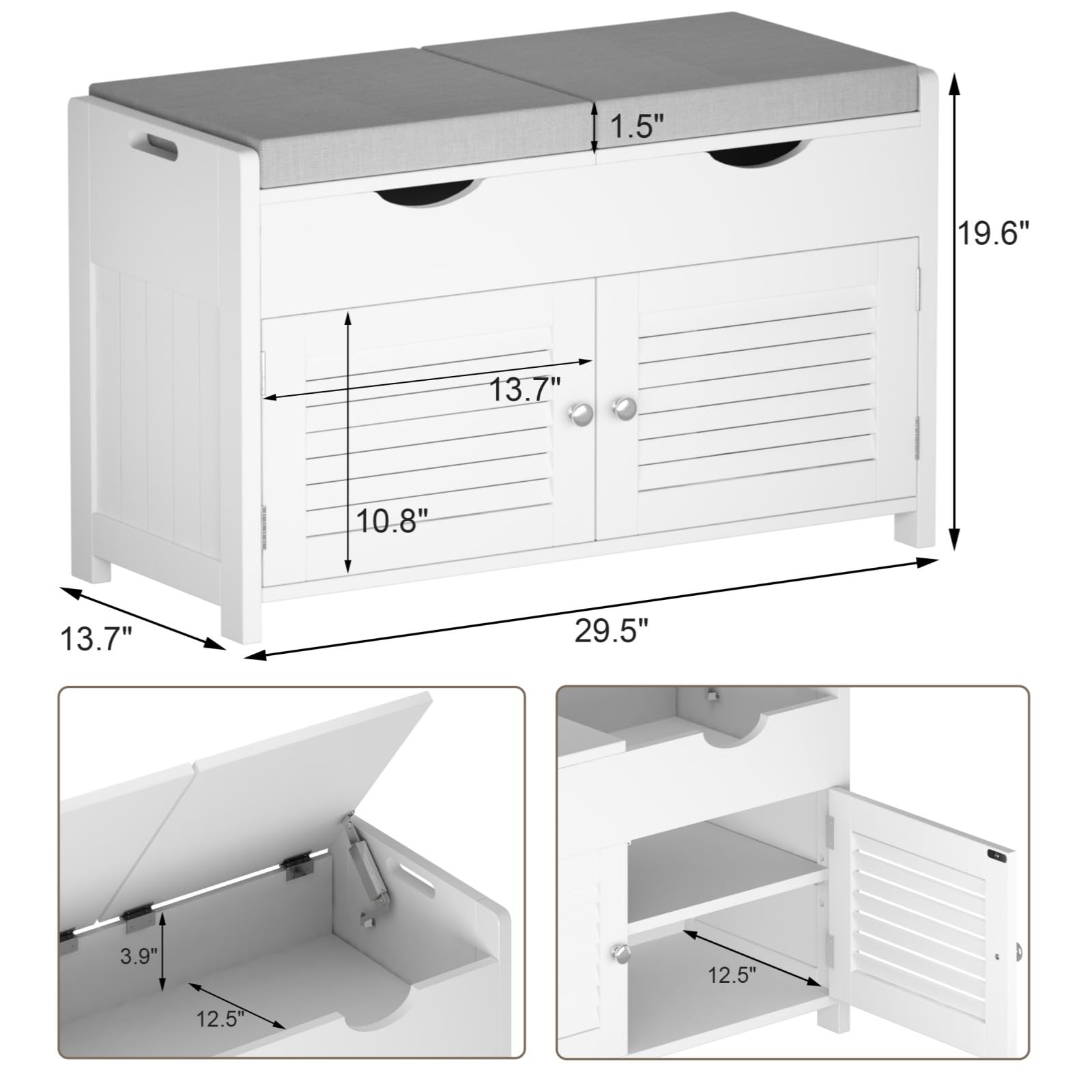 White Shoe Storage Bench with Lift Top - Entryway Bench with 2 Cushioned Seats, 3 Compartments & Adjustable Shelf - Hidden Storage Shoe Cabinet for Entryway, Bedroom & Living Room - Perfect for Organizing Shoes, Hats & Seasonal Items in Small Spaces