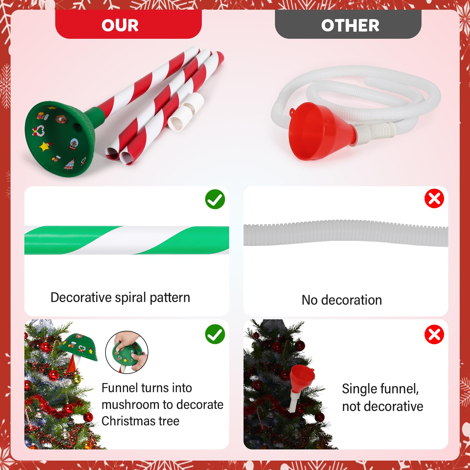 Christmas Tree Watering System with Long Funnel - 4Pcs Red & Green Xmas Tree Watering Decorations for Easy Holiday Tree Care | Perfect for Indoor Christmas Tree Maintenance & Festive Home Decor