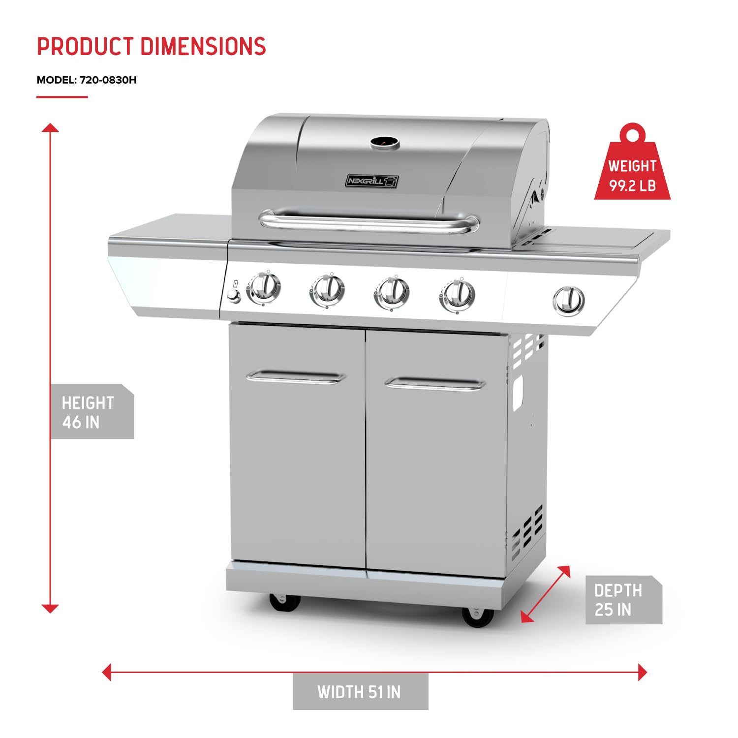 Nexgrill 4-Burner Stainless Steel Propane Gas Grill with Side Burner - 60,000 BTUs, 626 sq. in. Cooking Space - Ideal for Outdoor BBQ, Backyard Parties, Patio Dining & Camping - Silver (Model 720-0830H)