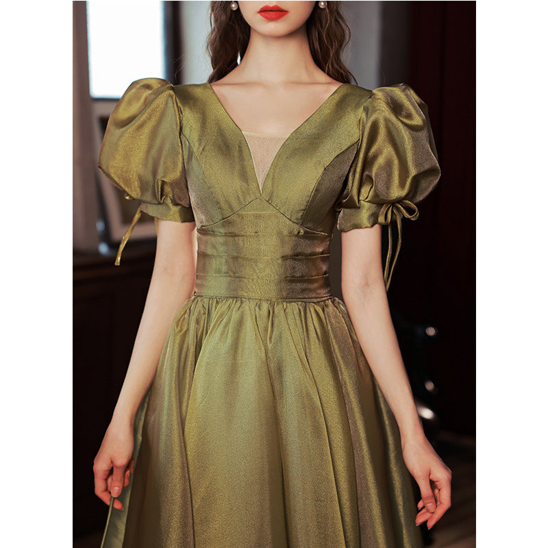 Elegant Green Puff Sleeves Satin Long Prom Dress Ball Gown for Evening Party | Formal Dance, Homecoming, Wedding Guest Dress
