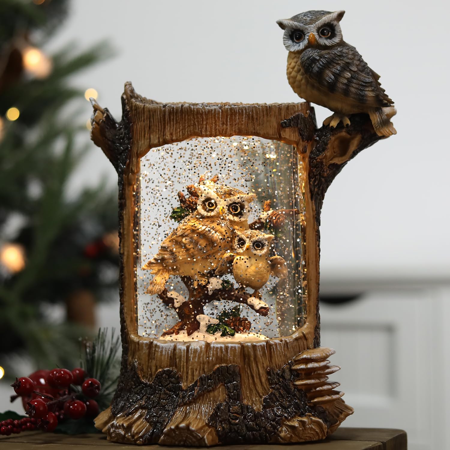 Christmas Owl Family Snow Globe with Music & Timer - Large Glittering Owl Figurine Holiday Decor for Home, Battery & USB Powered - Perfect for Christmas Gifts, Mantel Decor & Winter Wonderland Displays
