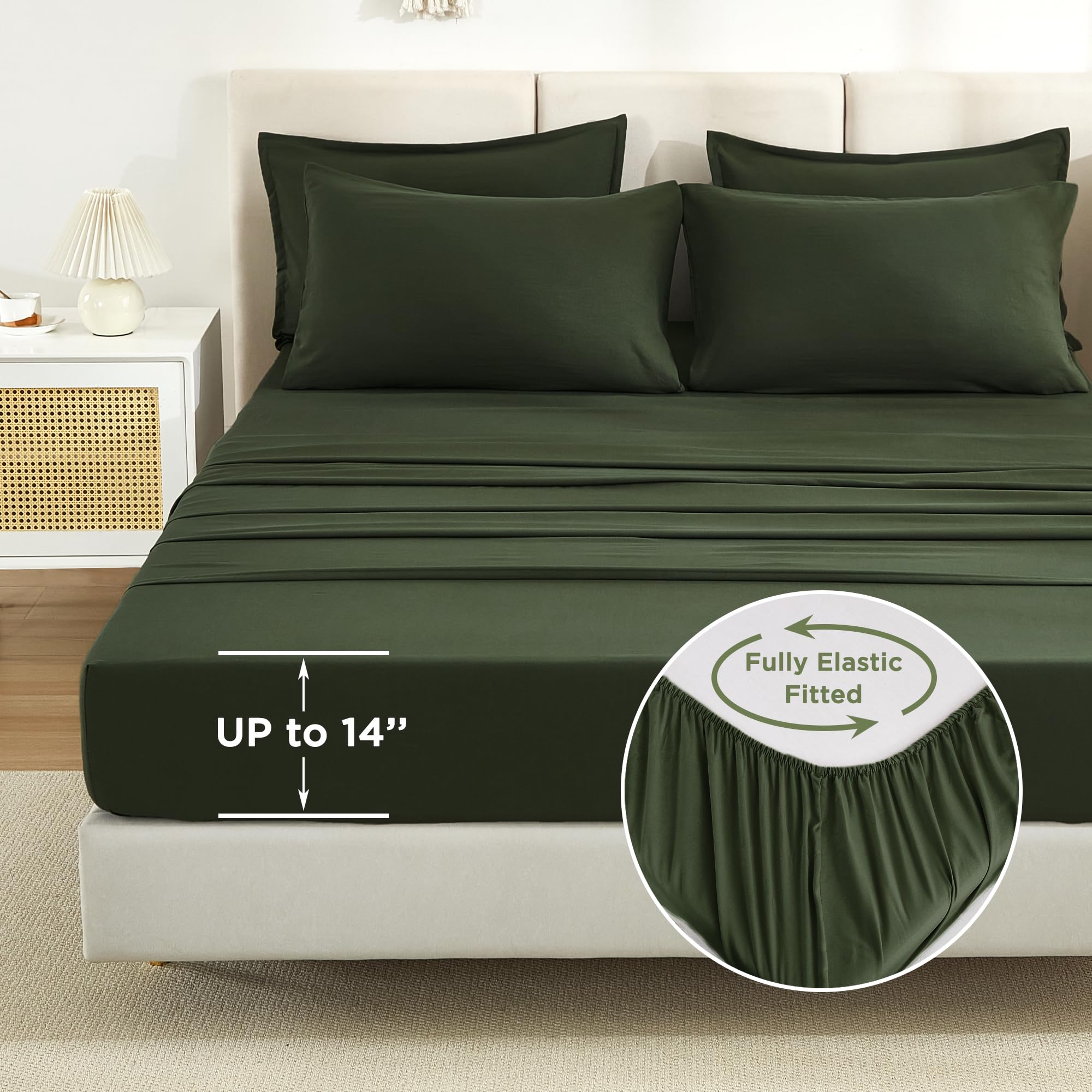 Litanika Dark Olive Green King Size Comforter Set - 7 Piece All-in-One Bedding Bundle with Lightweight Comforter, Sheets & Pillowcases | Perfect for Master Bedroom, Guest Room & Cozy Home Decor