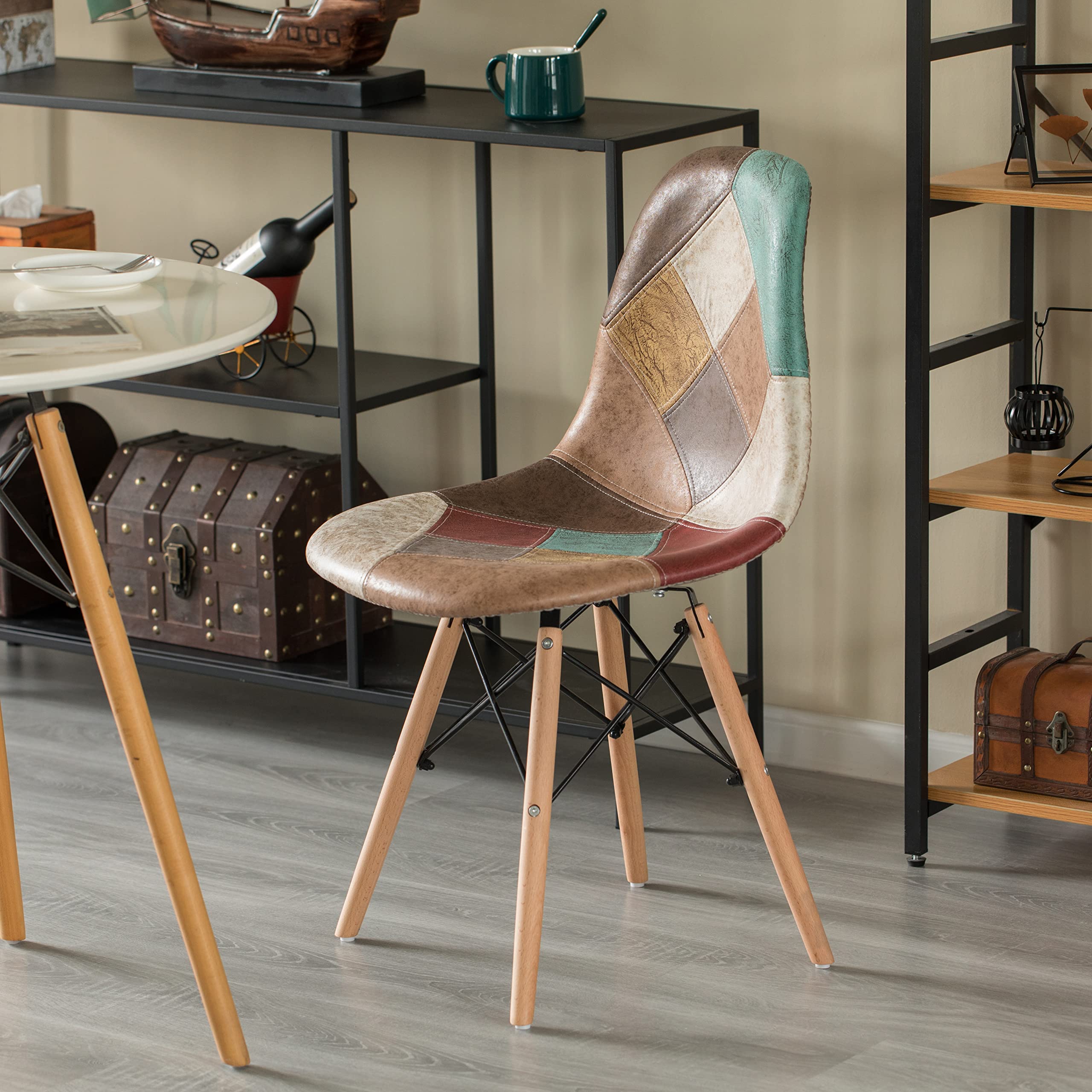 Modern Fabric Patchwork Chair with Leather & Suede-Like Upholstery & Wooden Legs - Set of 2 for Kitchen, Dining Room, Entryway & Living Room - Perfect for Home Decor, Entertaining Guests & Cozy Seating