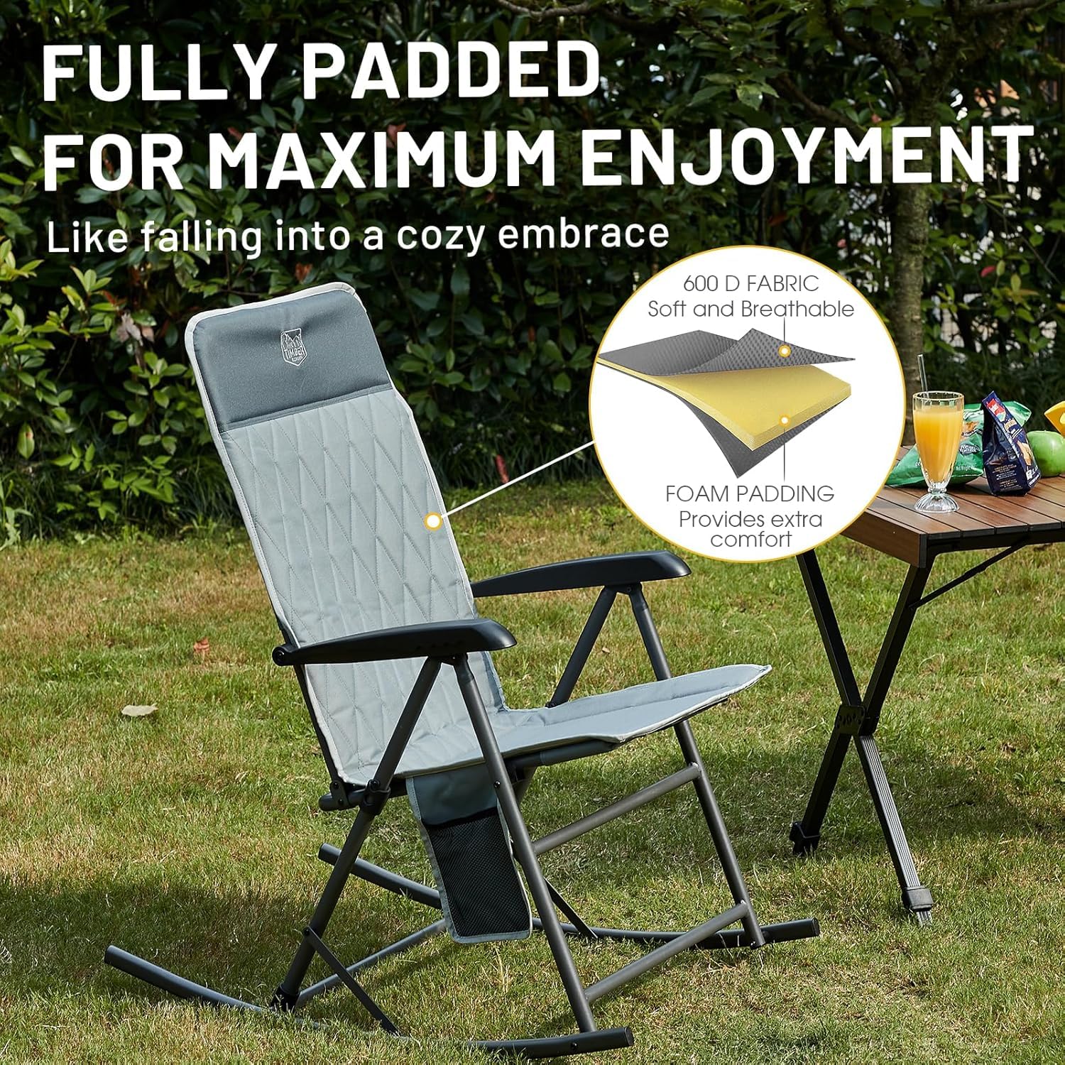 TIMBER RIDGE Adjustable Rocking Camping Chair - Padded High Back Outdoor Rocker with Side Pocket, Portable Folding Chair for Adults Supports 300 lbs - Perfect for Lawn, Patio, Porch, Beach & Backyard Relaxation (Grey, 1 Pack)