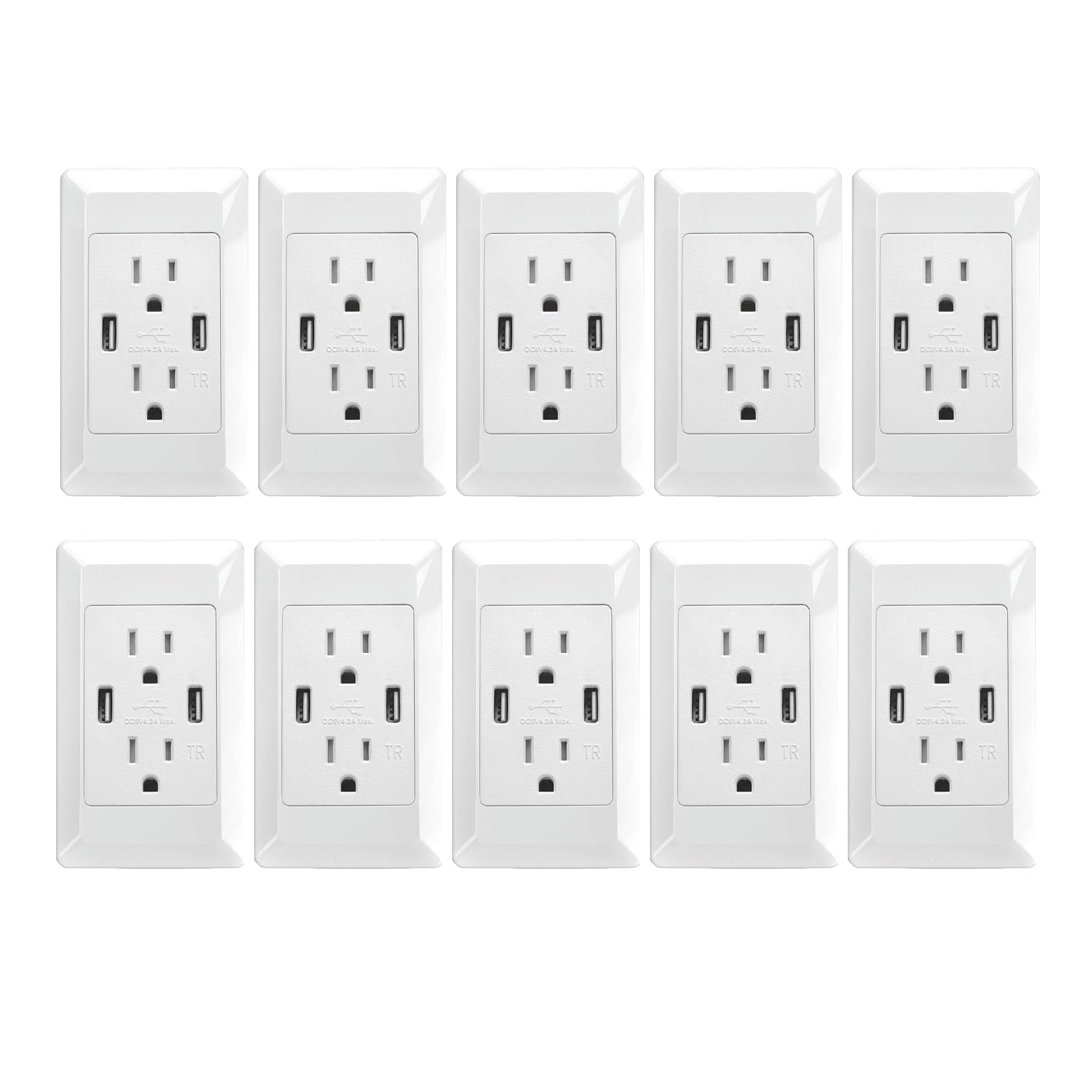 GREENCYCLE 10-Pack USB Outlet Receptacle - 4.2A Fast Charging, 15A Tamper-Resistant Duplex Wall Socket with Dual USB Ports & Screwless Wall Plates - Perfect for Home, Office & Hotel Charging Stations
