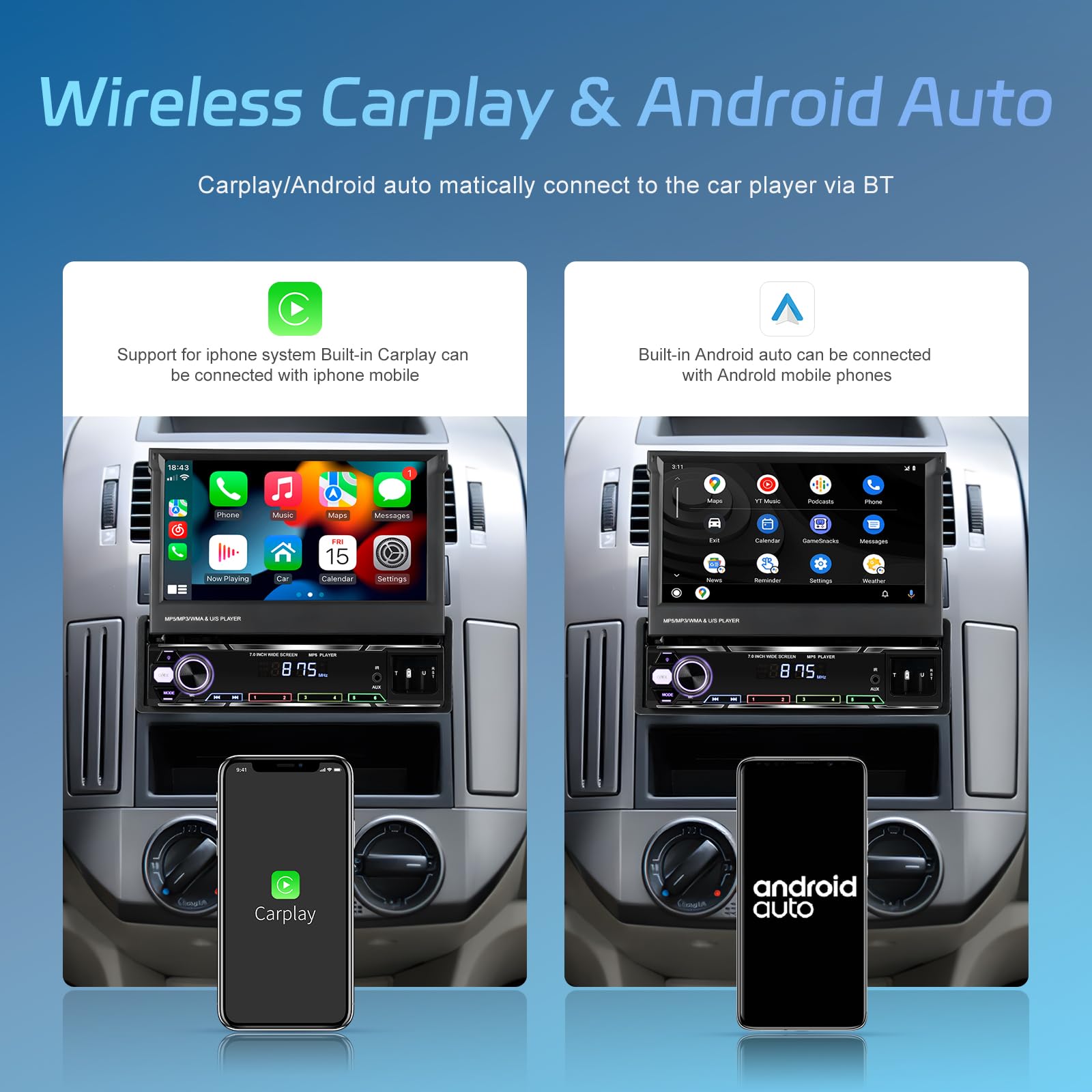 SIXTOP 7 Inch Flip Out Touchscreen Single Din Car Stereo - Wireless Apple CarPlay & Android Auto, Bluetooth 5.1, FM/AM/RDS Receiver, USB/AUX Input, Mirror Link for iPhone & Android - Includes MIC & Backup Camera for Easy Parking & Hands-Free Calling