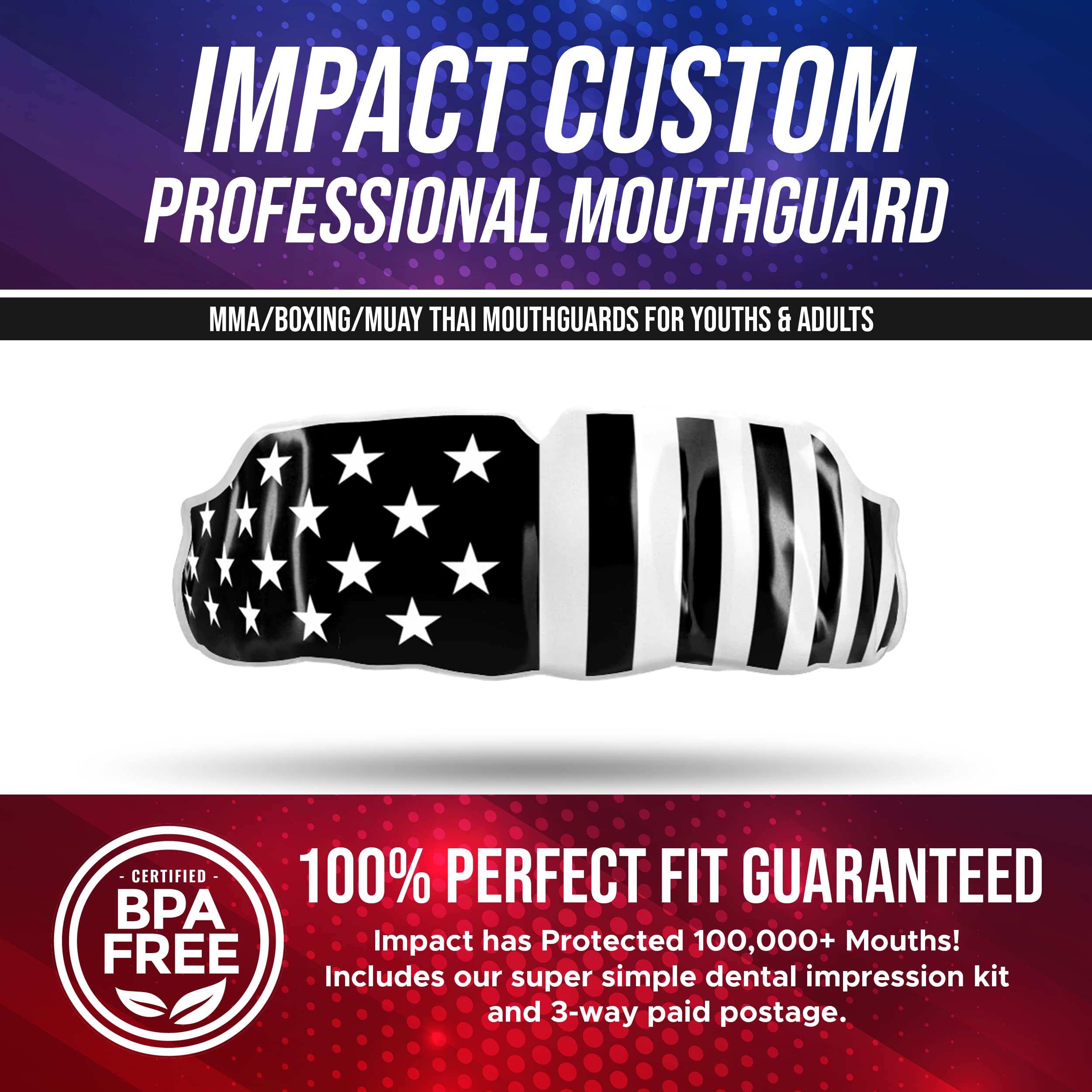 Custom Professional MMA Boxing Muay Thai Mouthguard - Impact Stars & Stripes Black Design for Fighters & Athletes - Perfect for Training, Sparring & Competition
